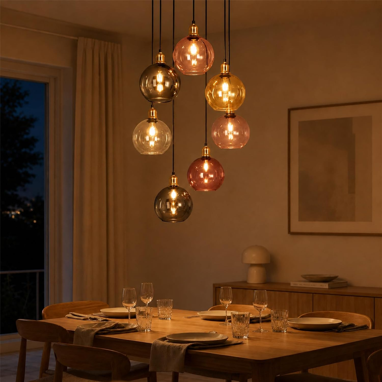 Un elegante comedor bajo una lámpara moderna con globos de cristal coloridos.