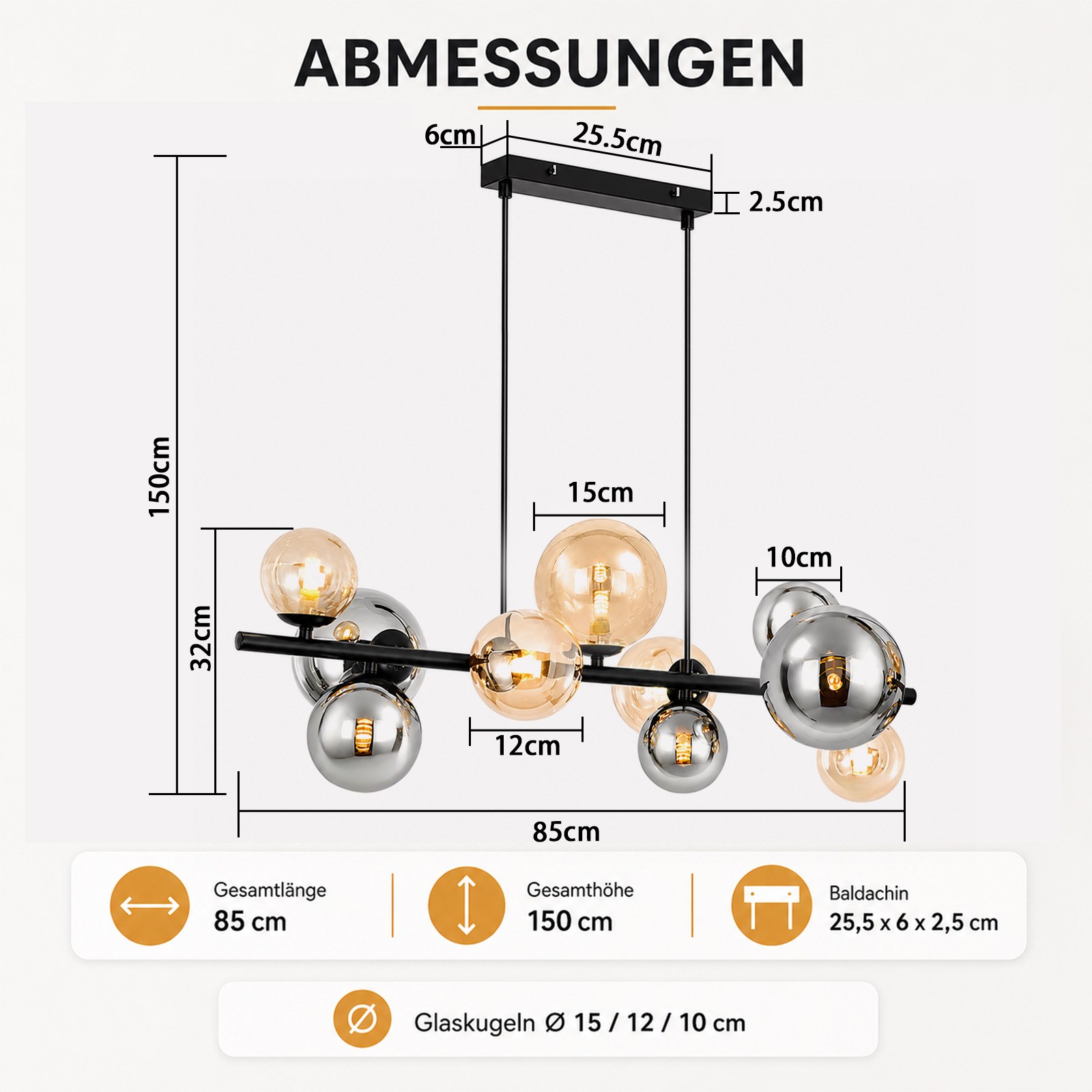 Diagram przedstawiający wymiary nowoczesnej lampy wiszącej z kulami szklanymi.