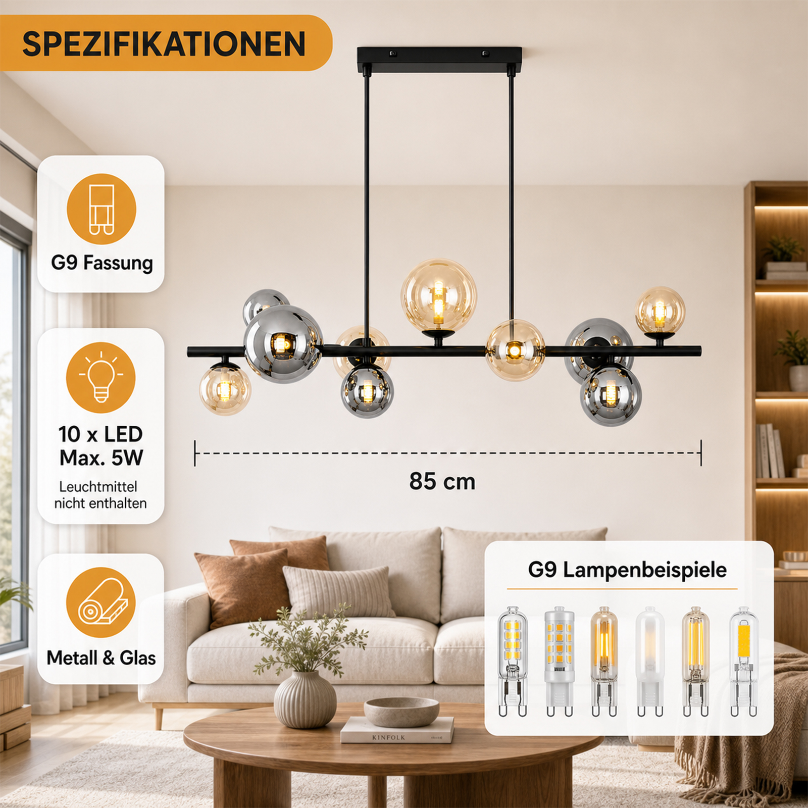 Nowoczesna czarna lampa wisząca z szklanymi i chromowanymi kulami nad sofą.