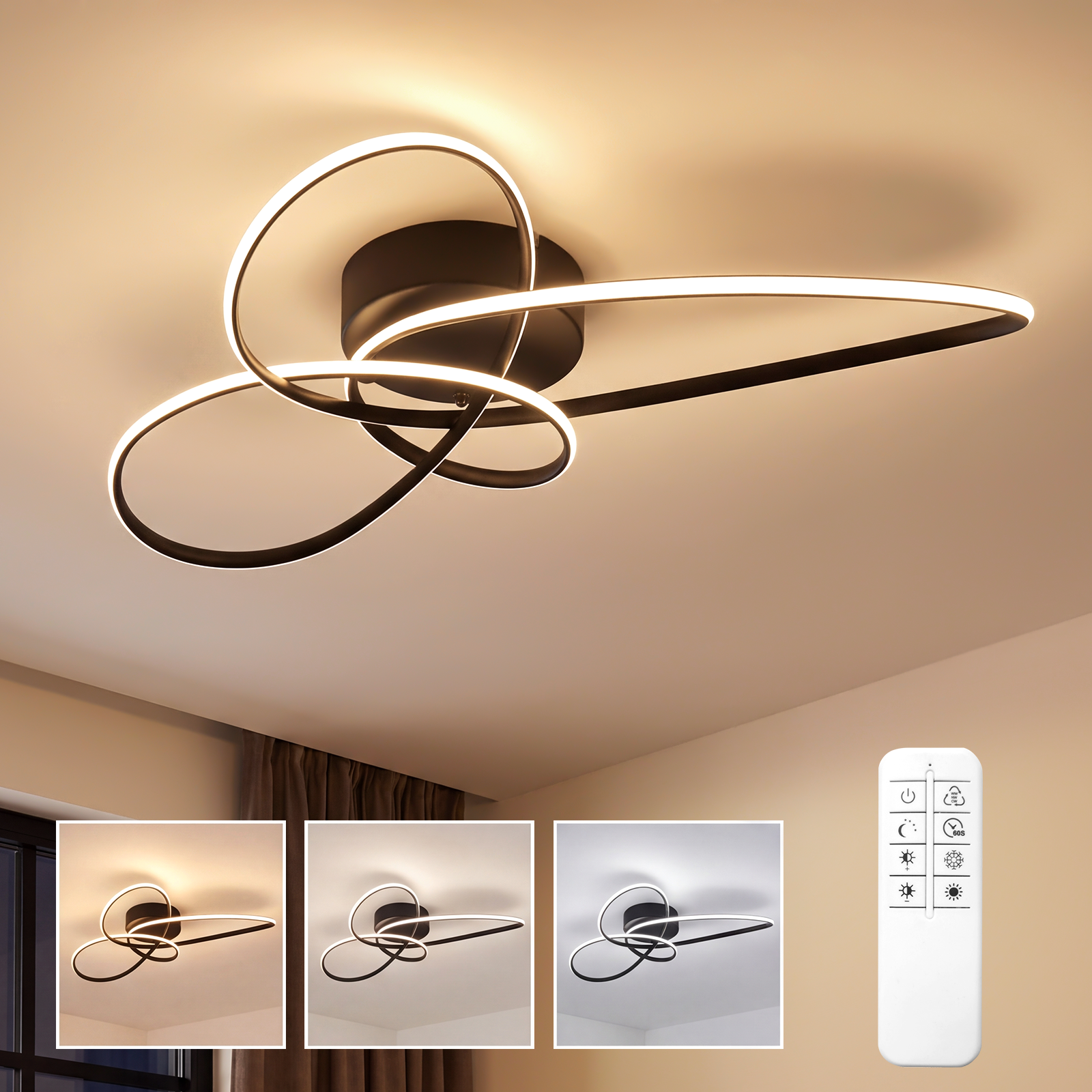 Nowoczesna czarna lampa sufitowa LED z splotami pierścieni, pilotem i trzema barwami światła.