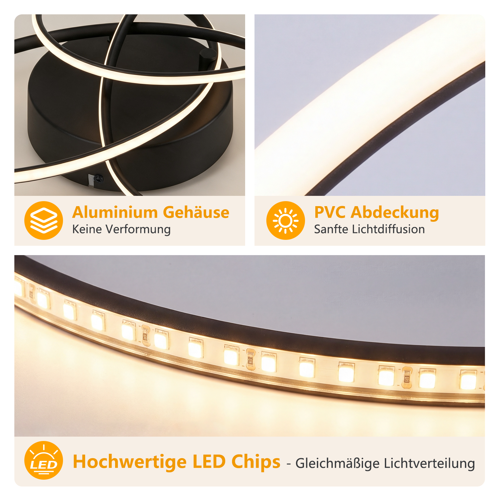 Trzy szczegółowe widoki lampy LED z aluminiową obudową, osłoną z PCV i wysokiej jakości chipami LED.