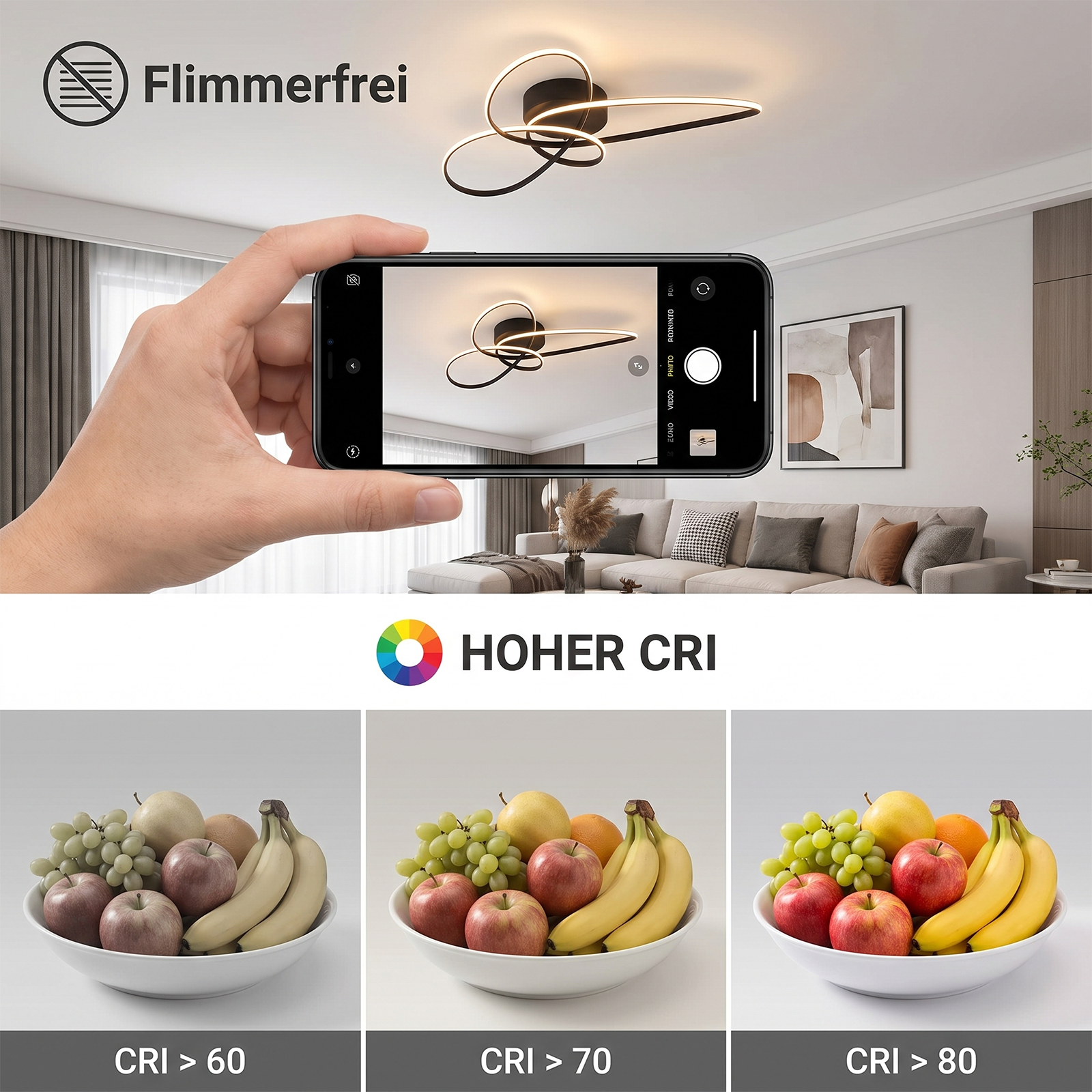 Dłoń trzyma smartfon z lampą; poniżej miski z owocami pokazujące różne poziomy oddawania barw CRI.