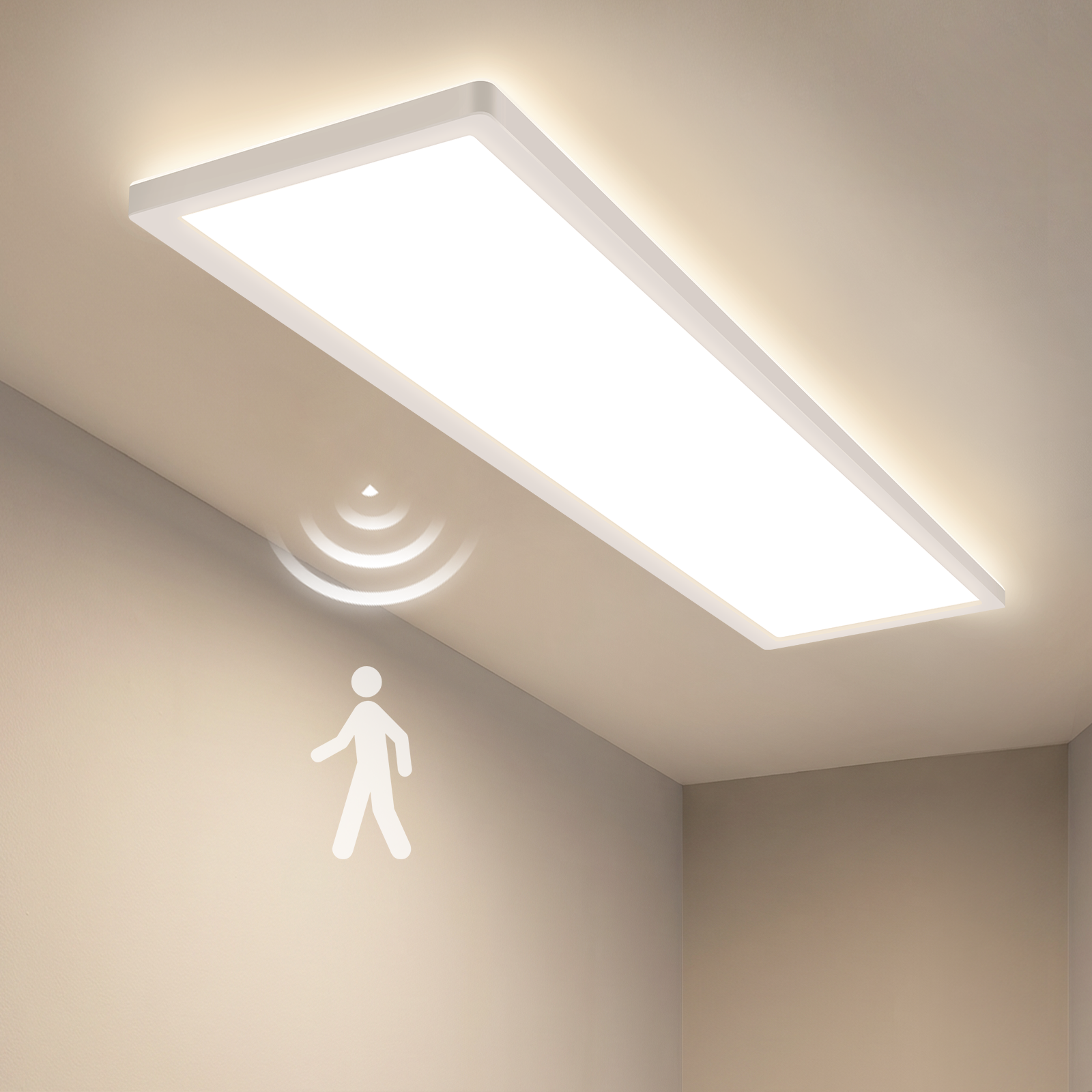 Lámpara de techo rectangular con icono de sensor de movimiento, ondas y figura caminando.