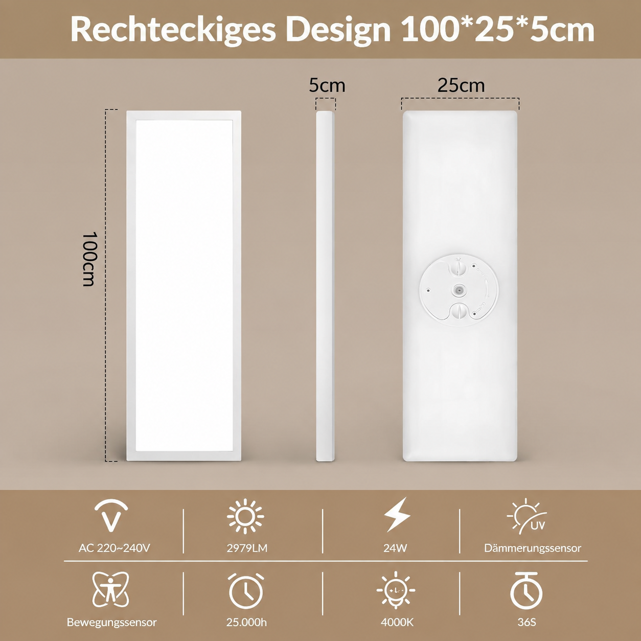 Dibujo técnico y dimensiones de una lámpara de techo LED rectangular con sensores.