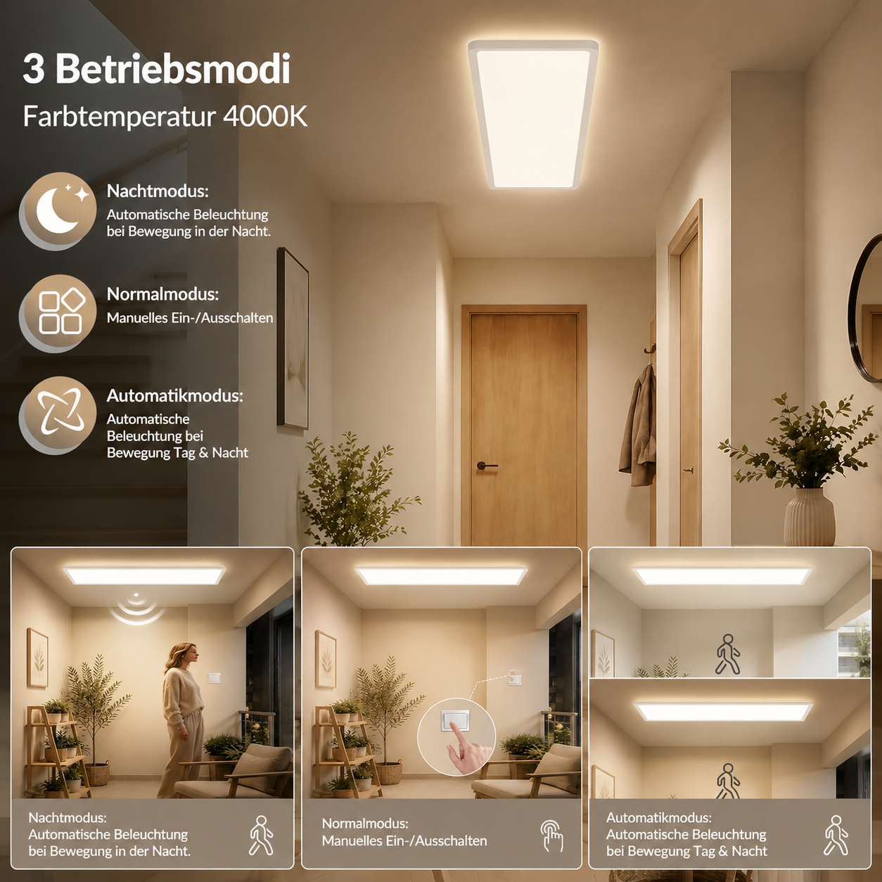 Iluminación de pasillo con tres modos: nocturno, normal y automático por movimiento.