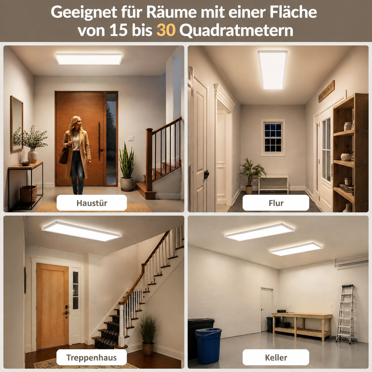 Cuatro imágenes muestran luces LED en varias habitaciones como entrada, pasillo, escalera y sótano.