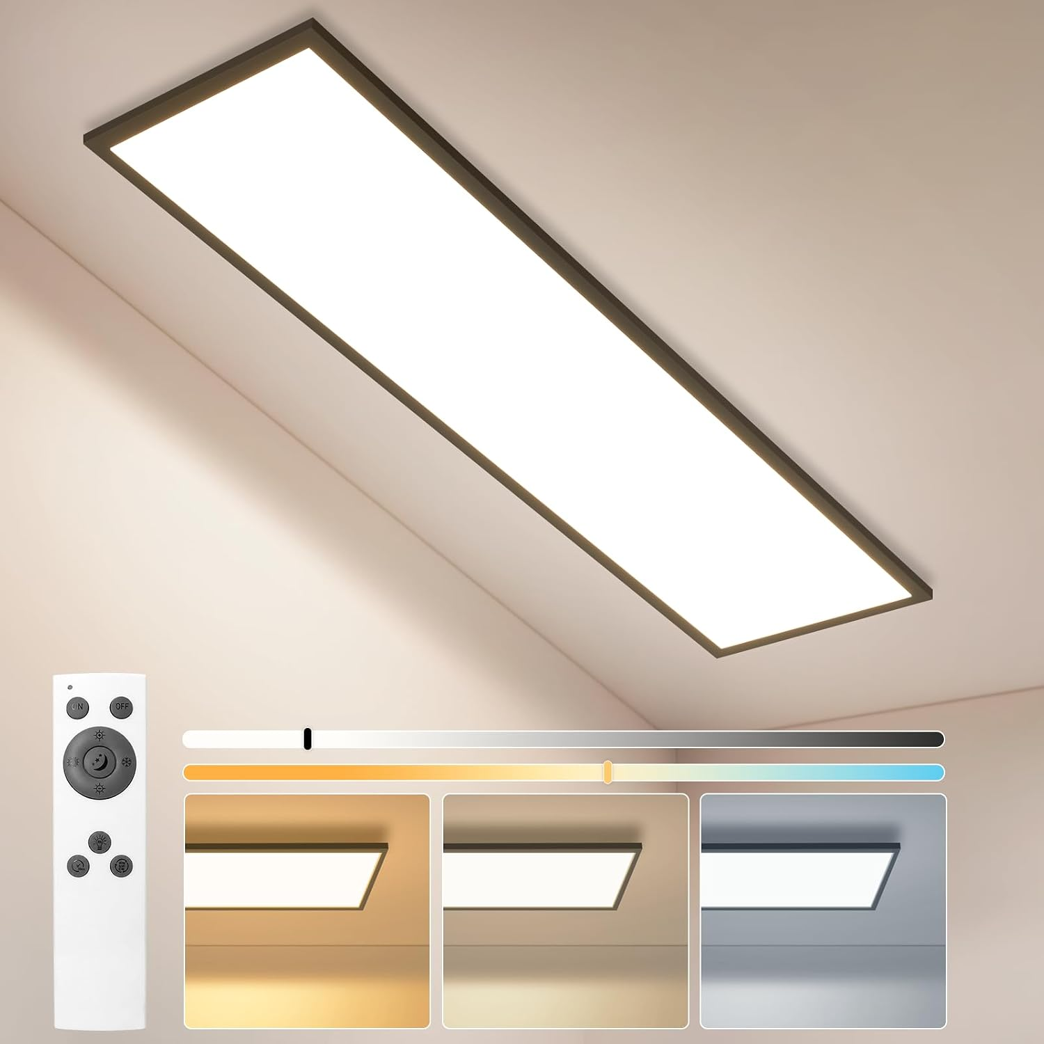 Prostokątna lampa sufitowa LED z czarną ramą, pilotem i trzema temperaturami barwowymi.