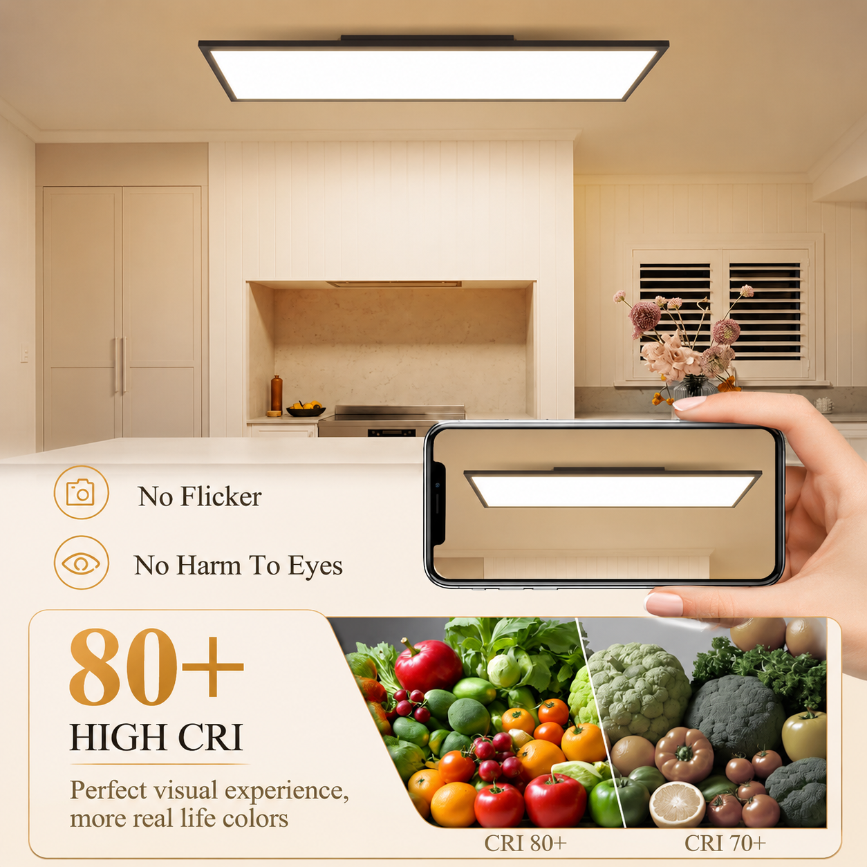 LED-owa lampa sufitowa w nowczesnej kuchni z wyświetlaczem smartfona i porównaniem warzyw.
