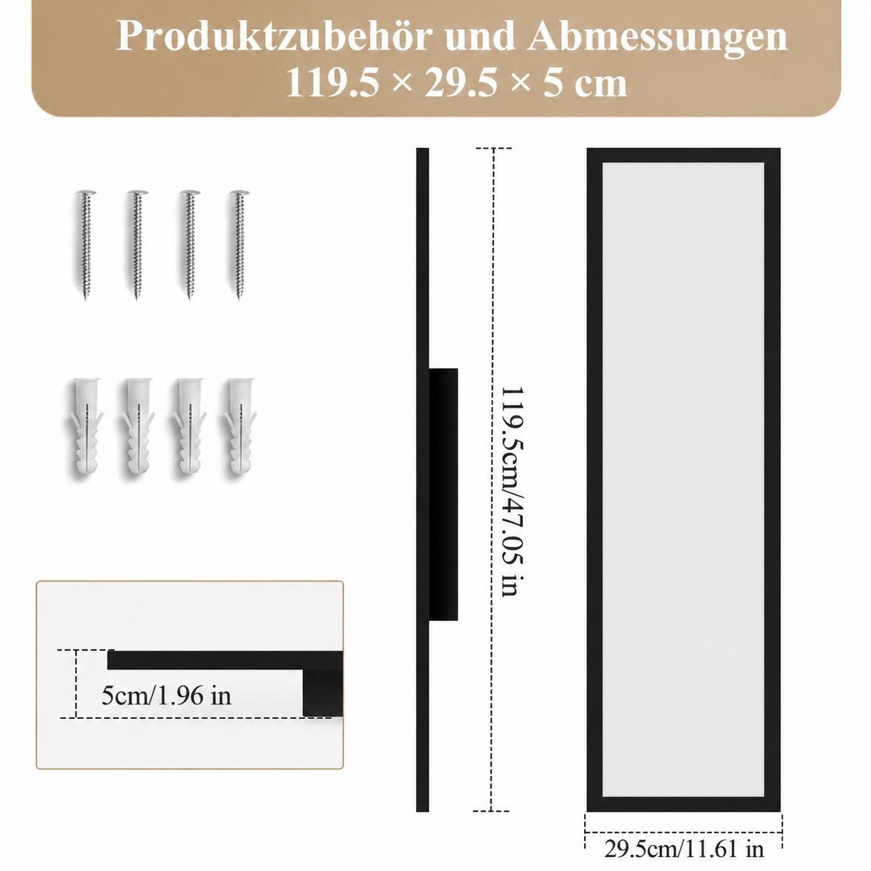 Diagram przedstawia wymiary produktu 119,5 x 29,5 x 5 cm oraz akcesoria, takie jak śruby.
