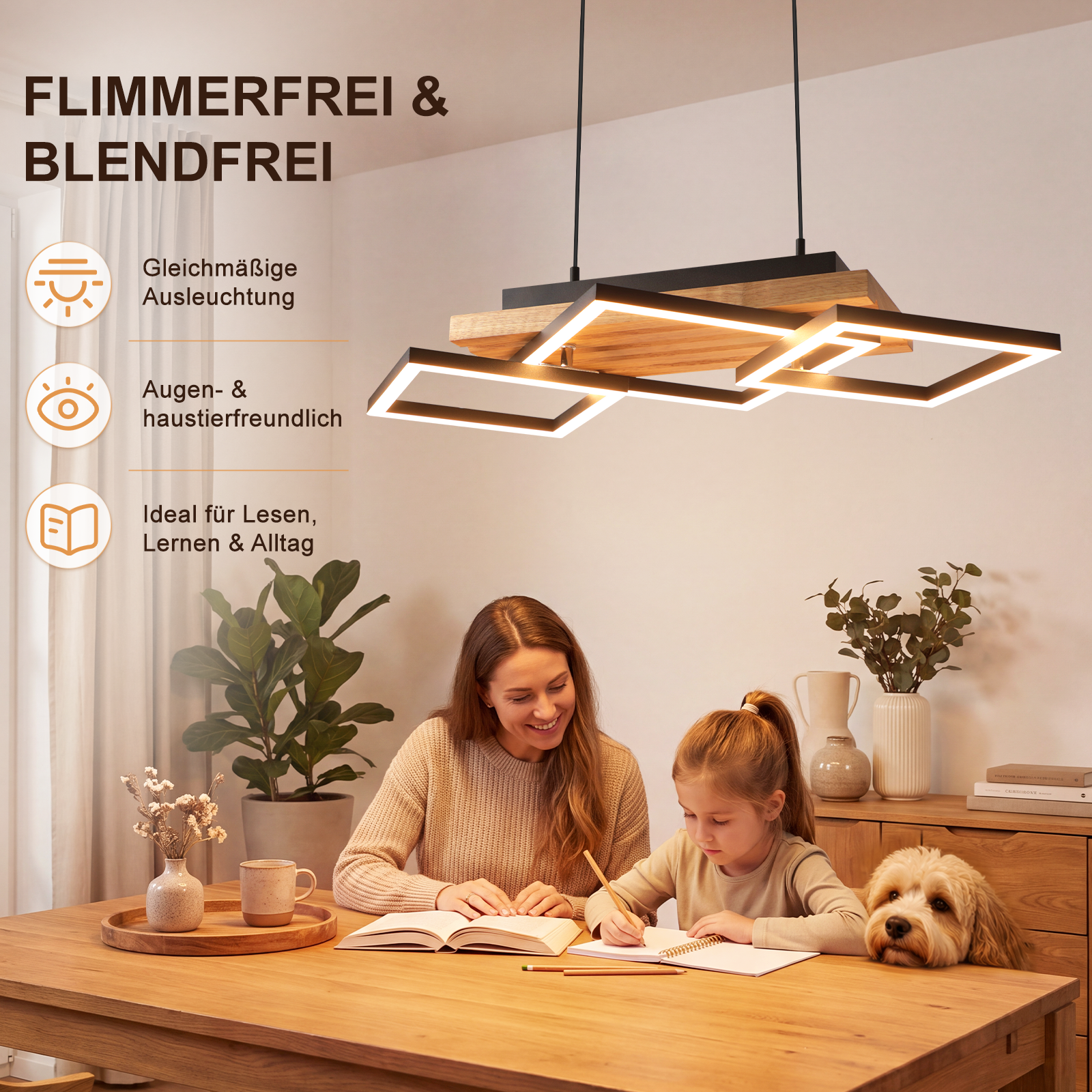 Kobieta i dziecko uczą się przy drewnianym stole pod nowoczesną lampą sufitową LED.