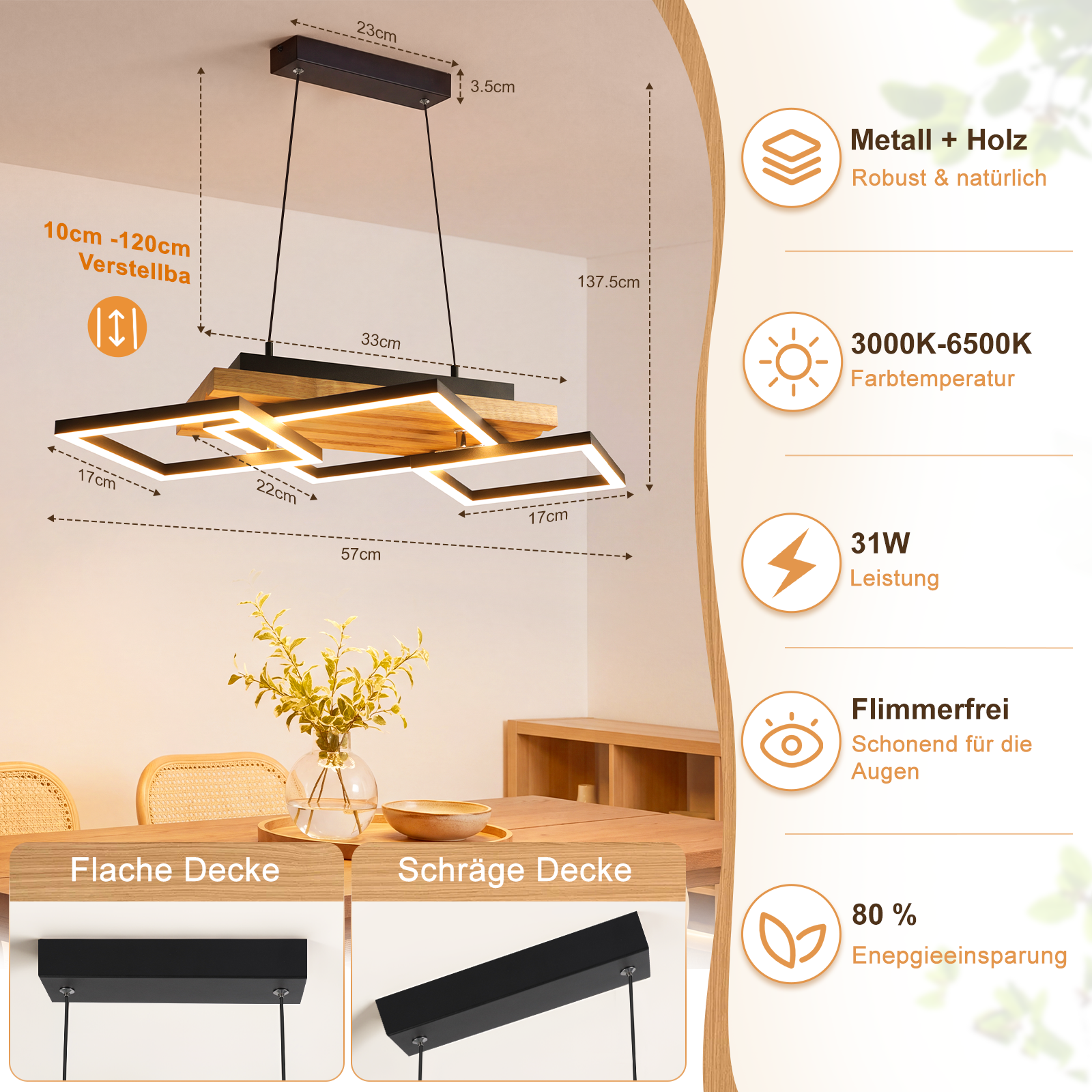 Nowoczesna lampa wiszÄ…ca LED z drewna i metalu nad stoÅ‚em z wymiarami i detalami technicznymi.