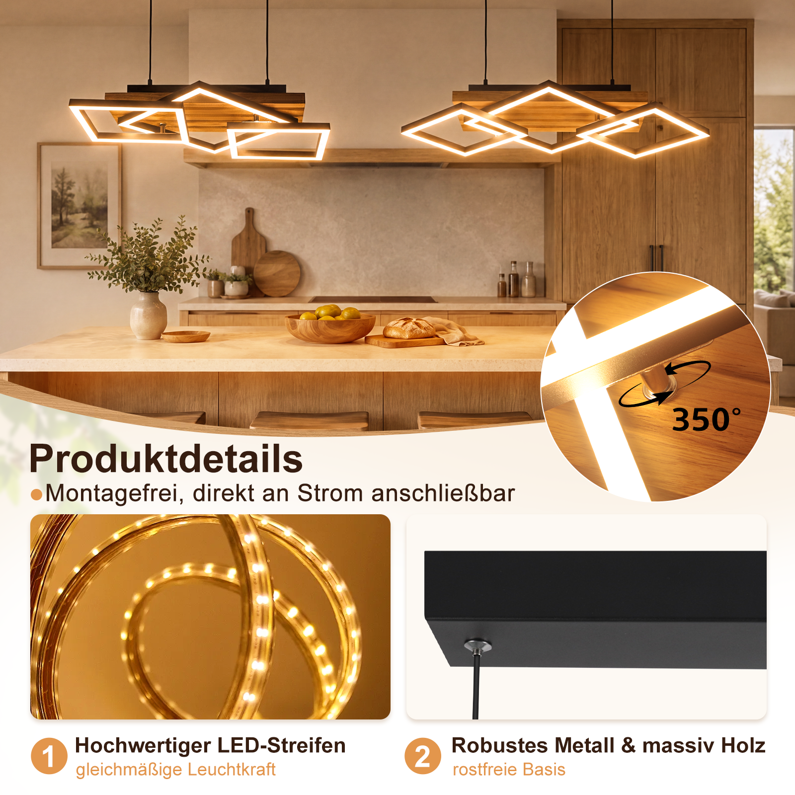 Nowoczesna lampa wisząca LED nad kuchnią ze zbliżeniami na paski LED, drewno i obrót o 350 stopni.