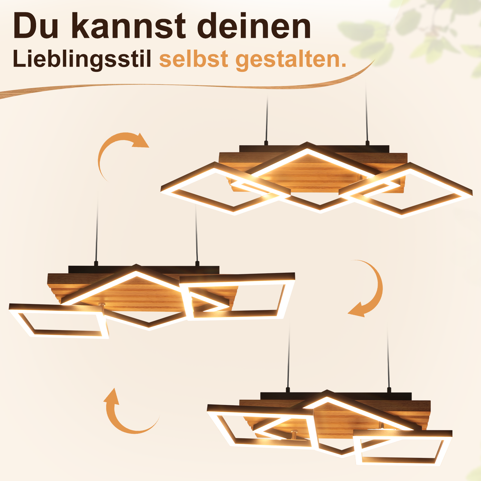 Reklama regulowanych drewnianych lamp wiszących LED z niemieckim tekstem na górze.