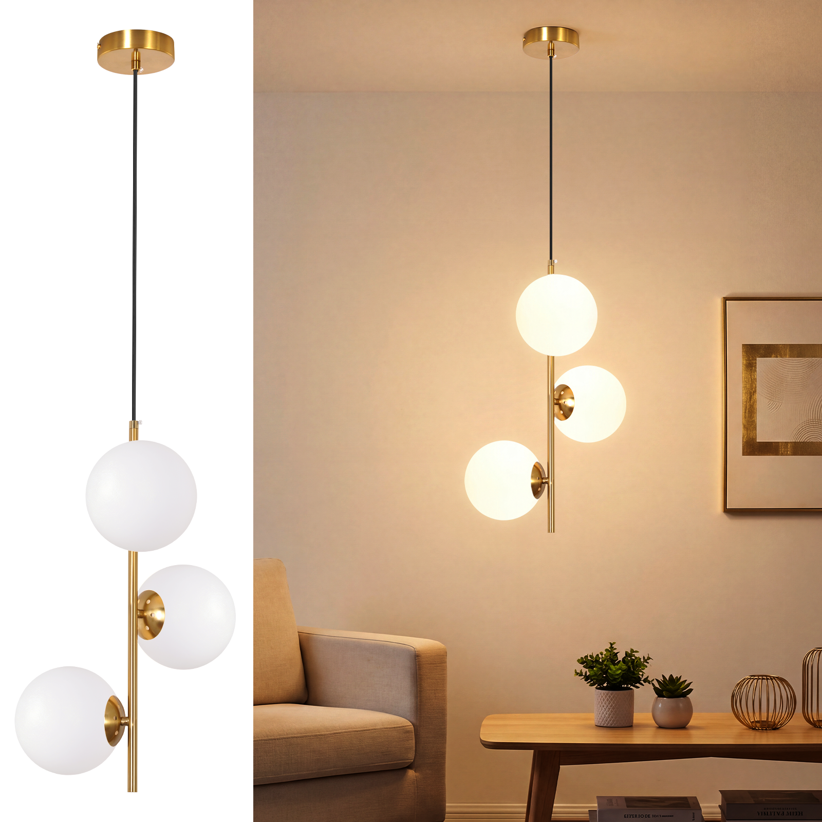 Nowoczesna złota lampa wisząca z trzema świecącymi białymi szklanymi kulami wisi w ciepłym, eleganckim salonie.