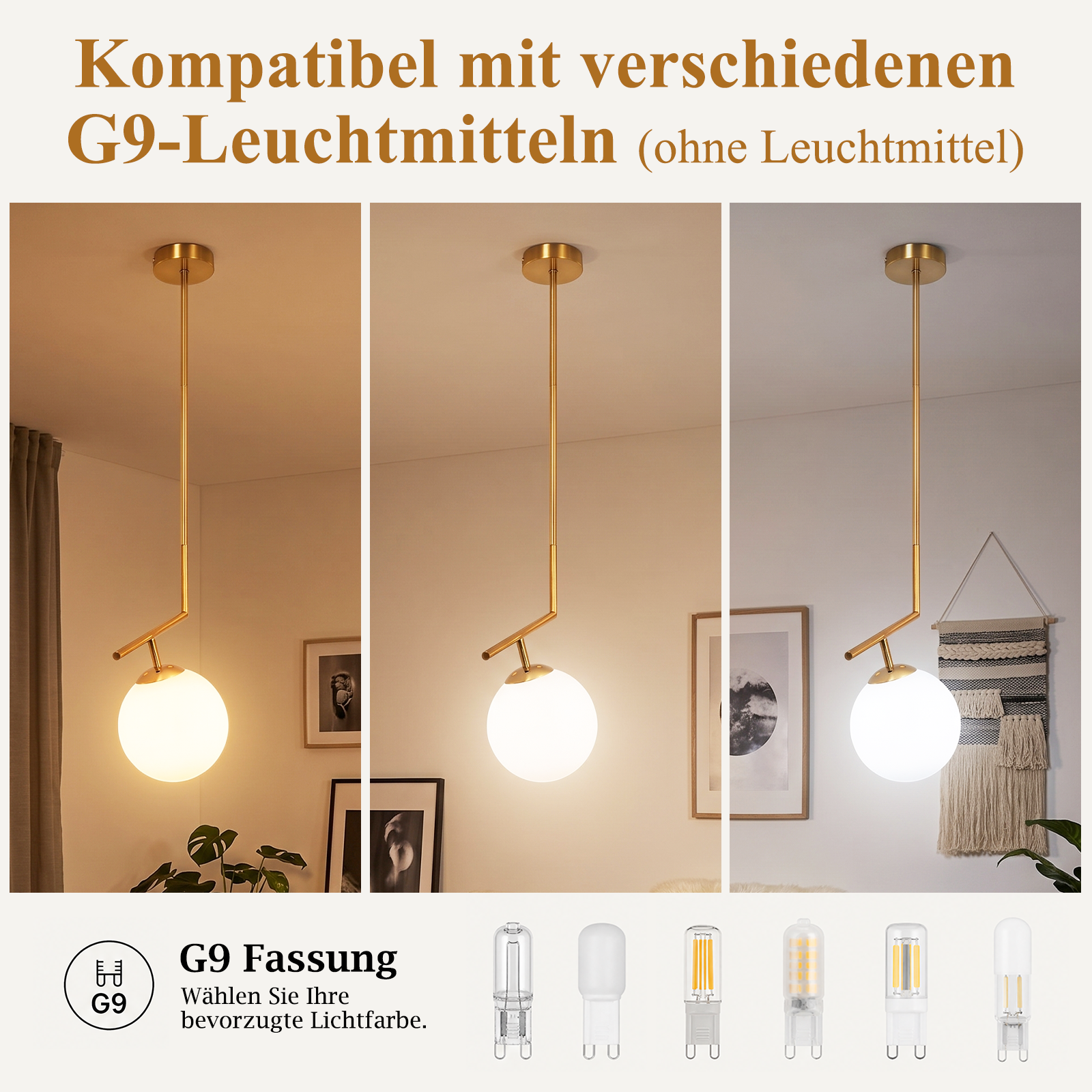 Złota lampa wisząca z białym szklanym kloszem w kształcie kuli i różnymi żarówkami G9.