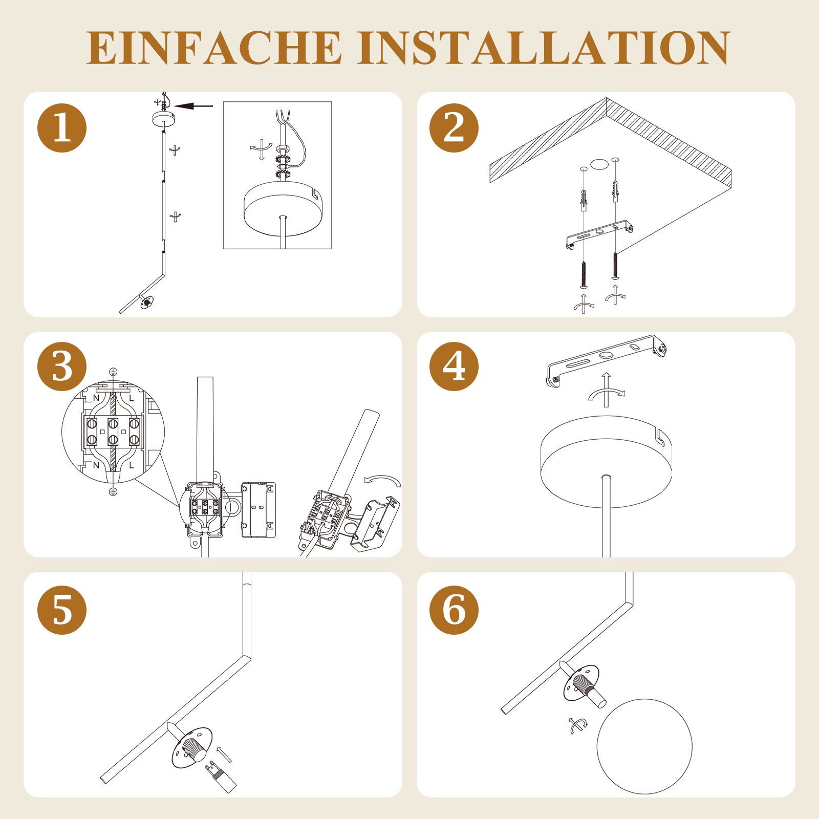 Sześciostopniowy schemat instalacji pokazujący montaż i okablowanie lampy wiszącej.