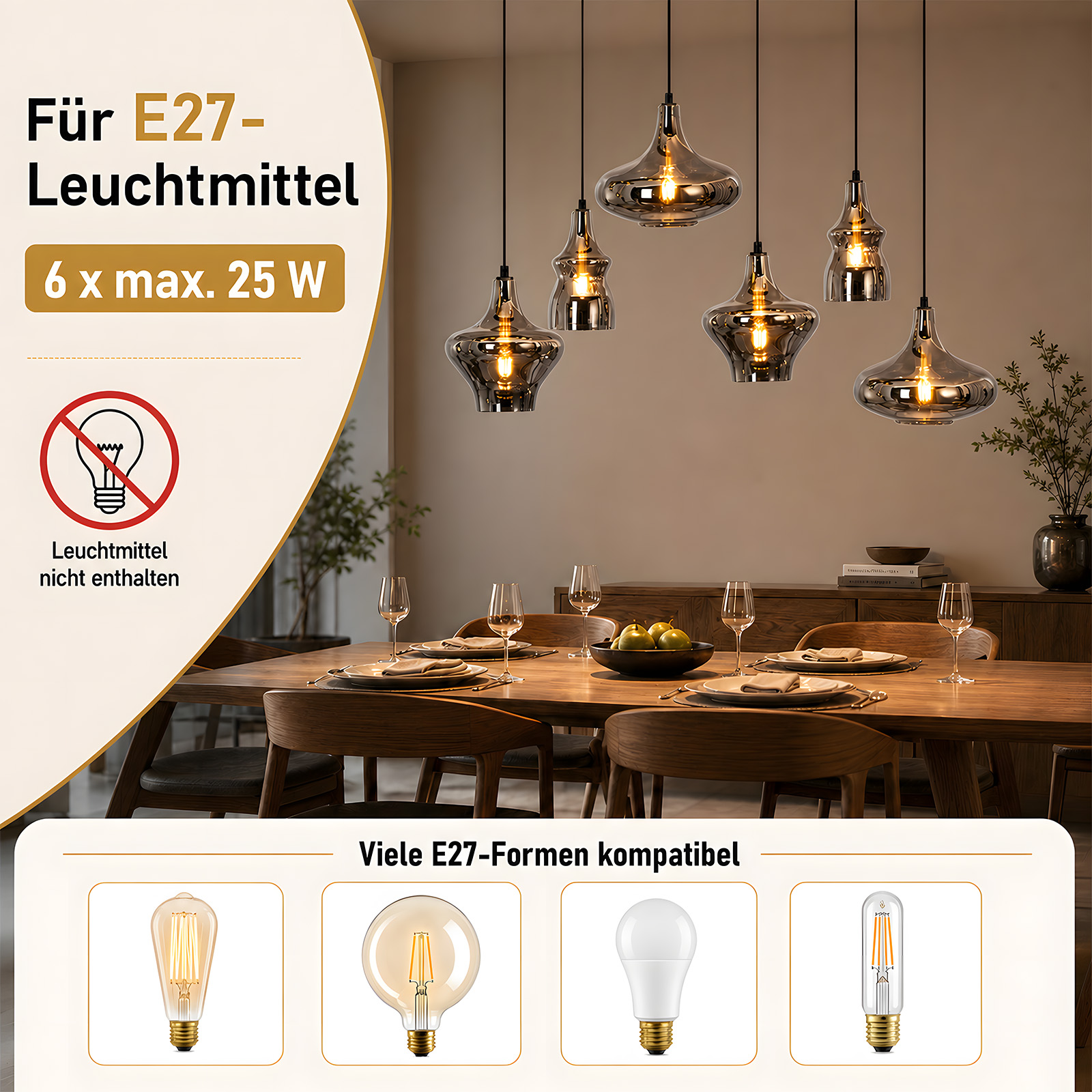 Sześć szklanych lamp wiszących nad drewnianym stołem, otoczonych tekstem i grafikami żarówek E27.