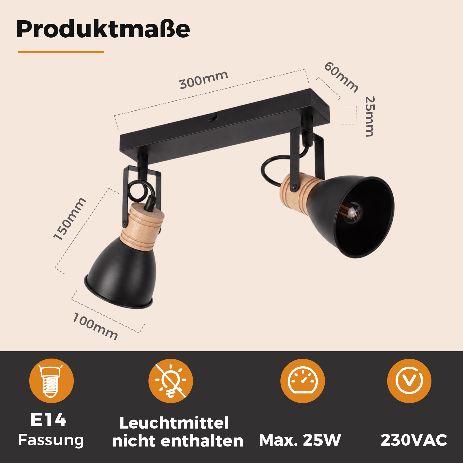 Rysunek techniczny czarnej lampy sufitowej z dwoma reflektorami, drewnianymi detalami i wymiarami w mm.