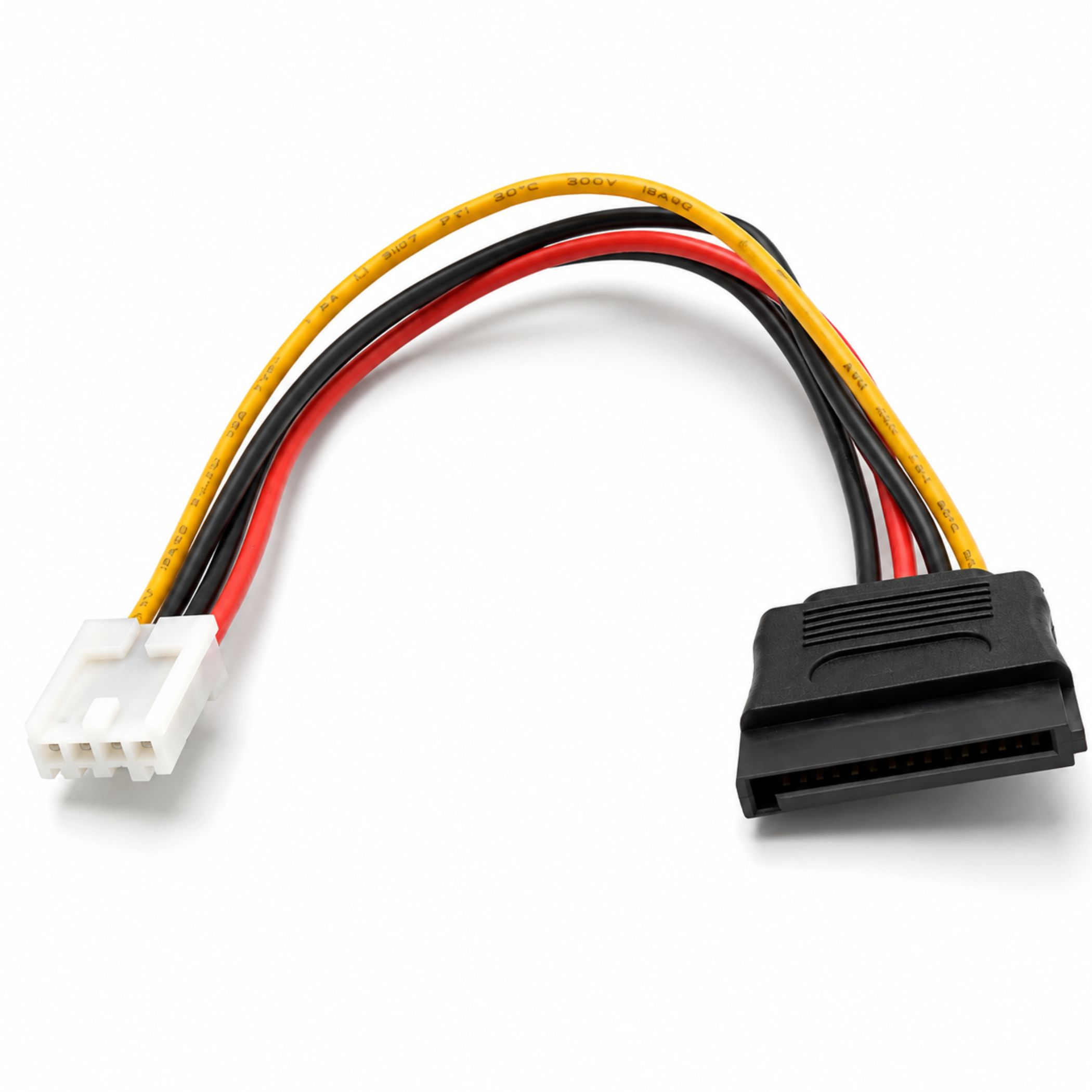 Ein gelbes, ein rotes und zwei schwarze Kabel verbinden einen weißen Stecker mit einem großen schwarzen Anschluss.
