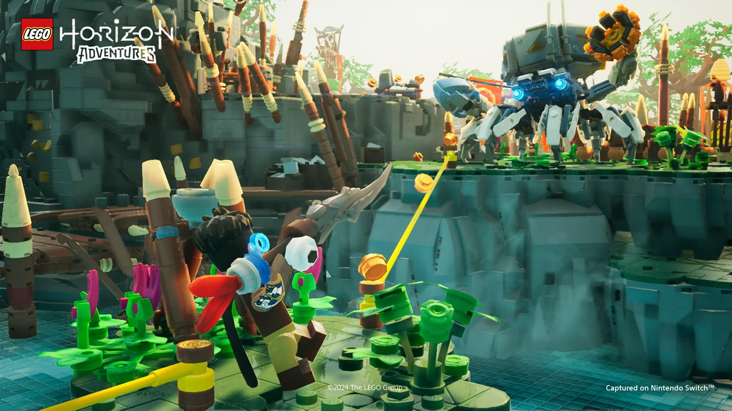 Personaje de Lego lucha contra una gran criatura mecánica frente a un fondo rocoso.