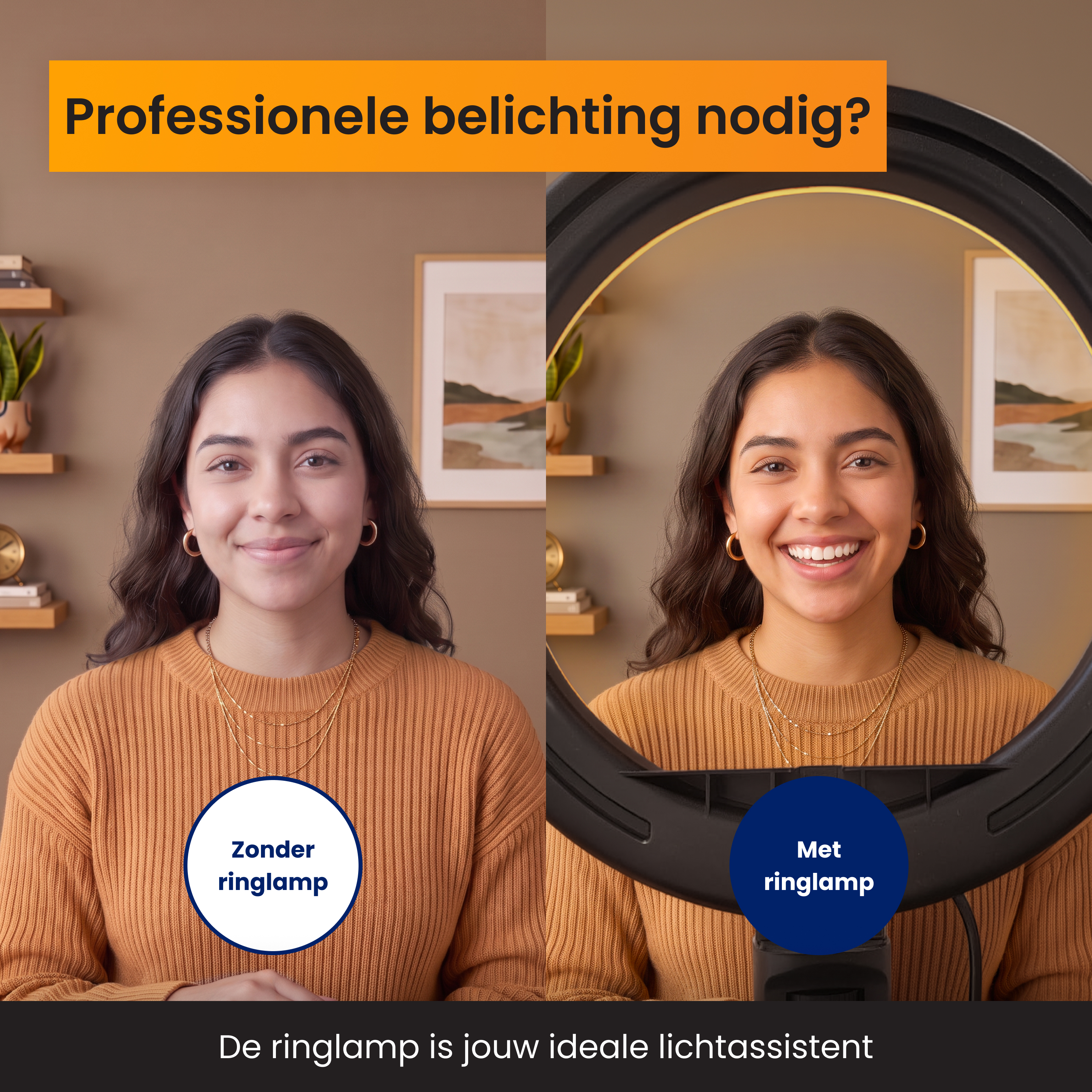 Vergleich einer Frau ohne und mit Ringlicht für professionelle Gesichtsausleuchtung.