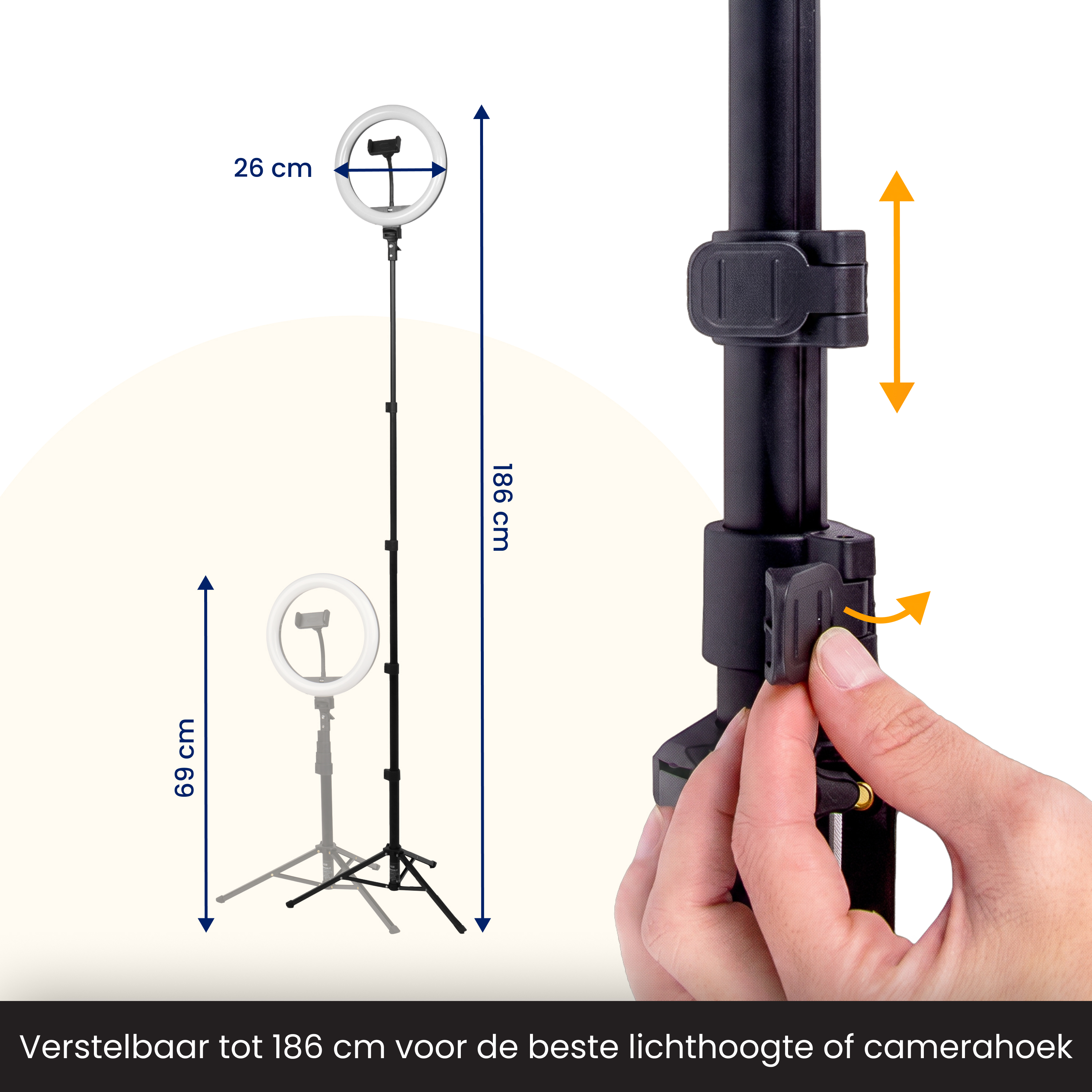 Verstellbarer Ringlichtständer mit Maßen von 69 cm bis 186 cm.