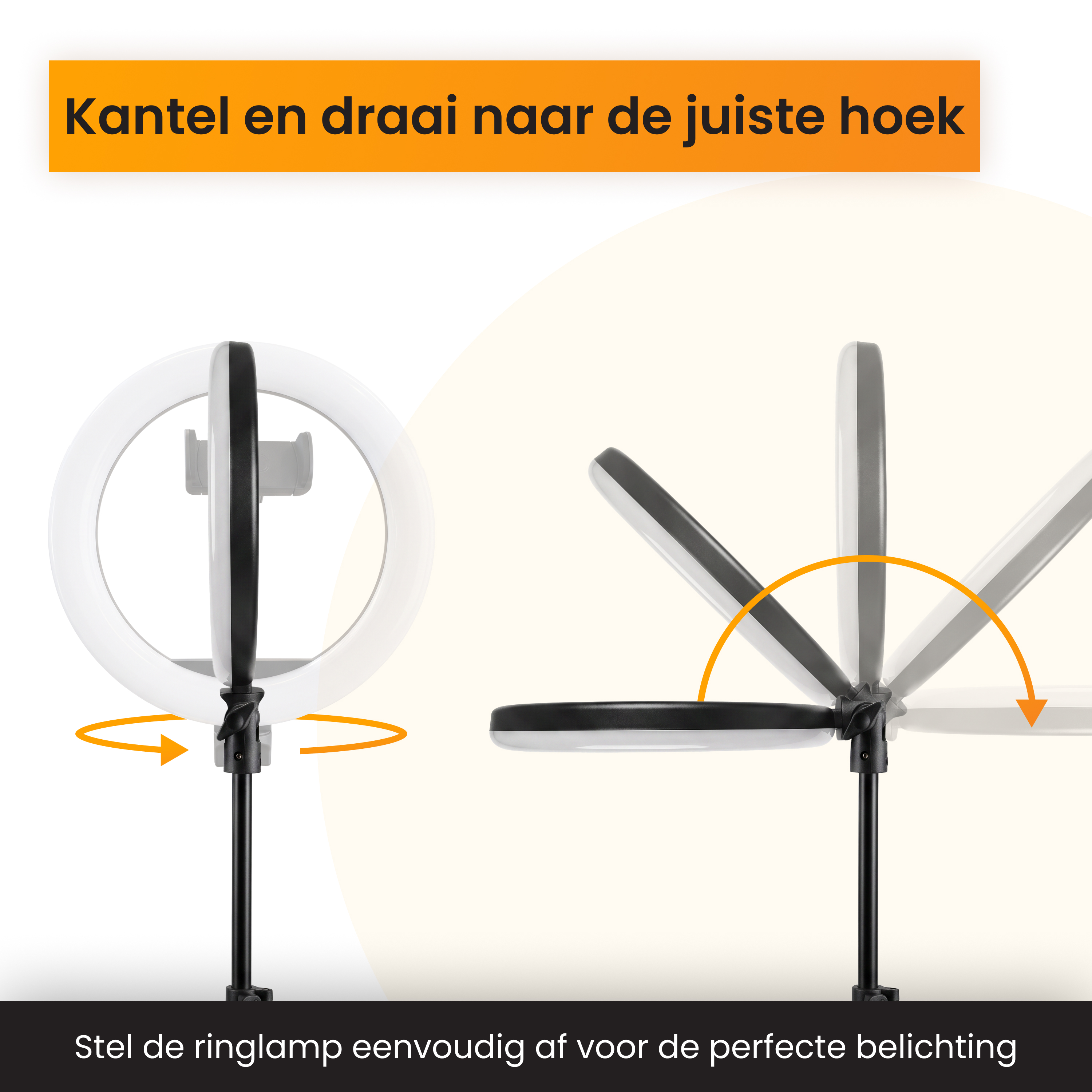 Diagramm zeigt, wie eine Ringlampe für perfekte Beleuchtung gekippt und gedreht werden kann.