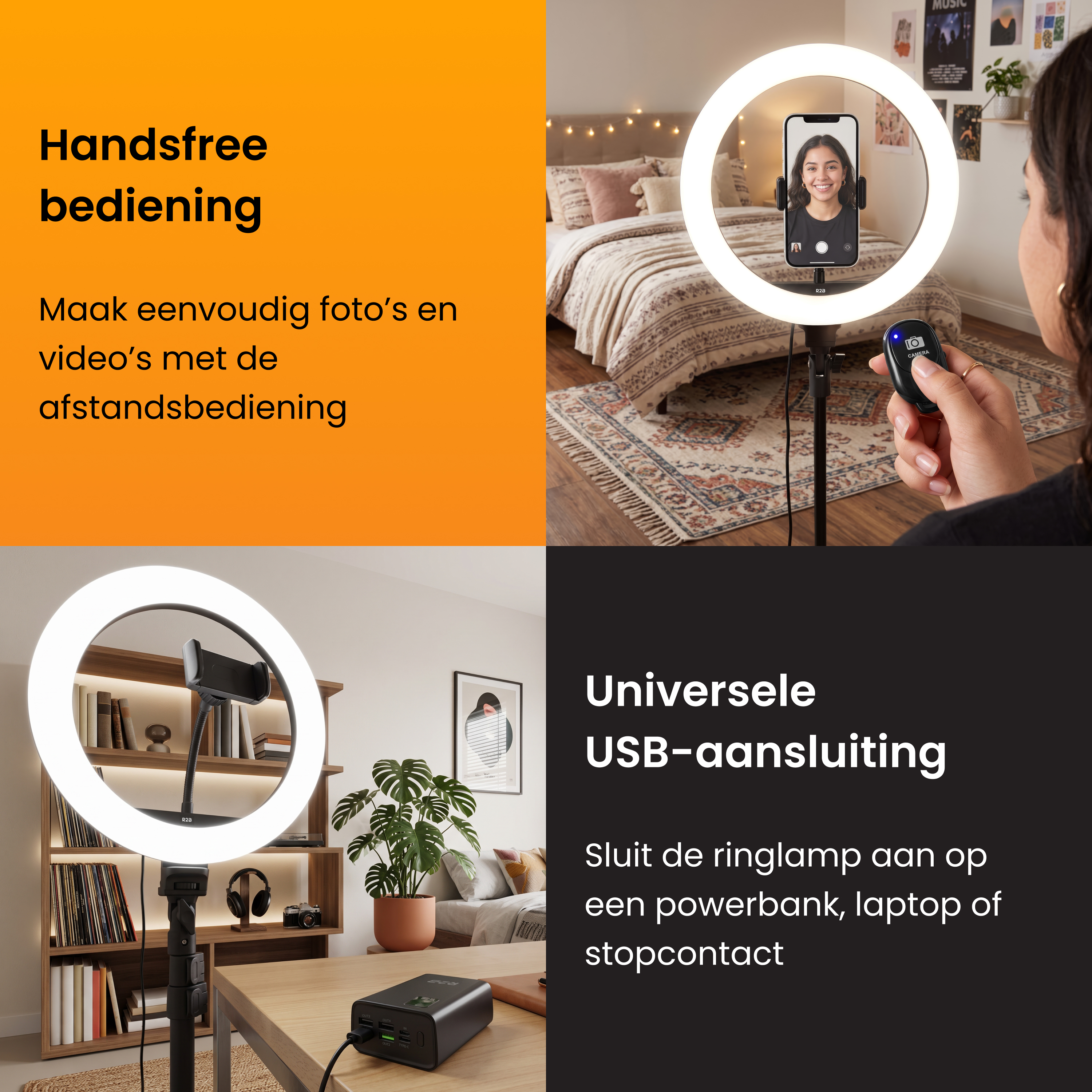 Ringleuchte mit Smartphone auf Stativ, bedient per Fernbedienung, in einem Zimmer.