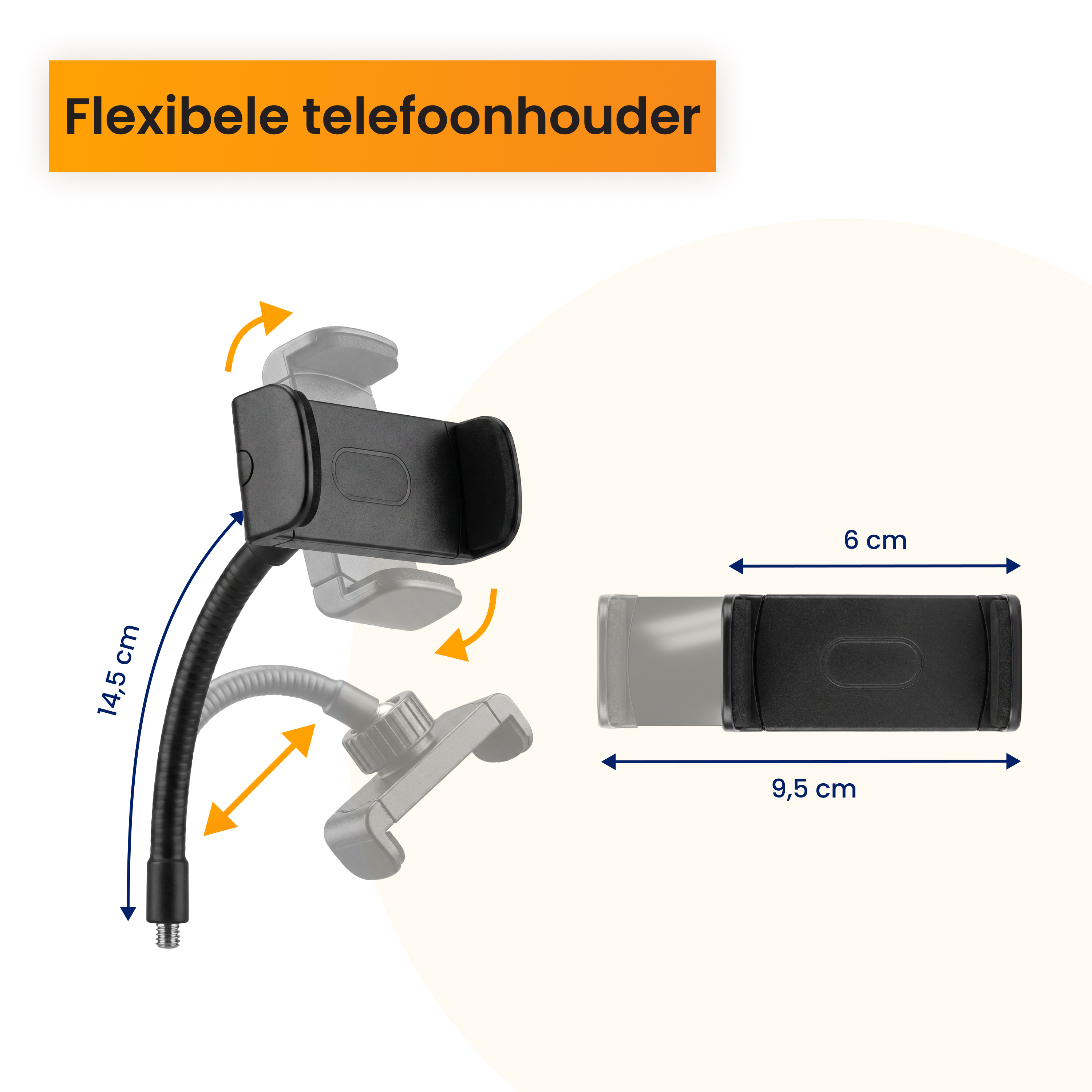 Flexibler schwarzer Telefonhalter mit den Maßen 14,5 cm, 6 cm und 9,5 cm vor weißem Hintergrund.