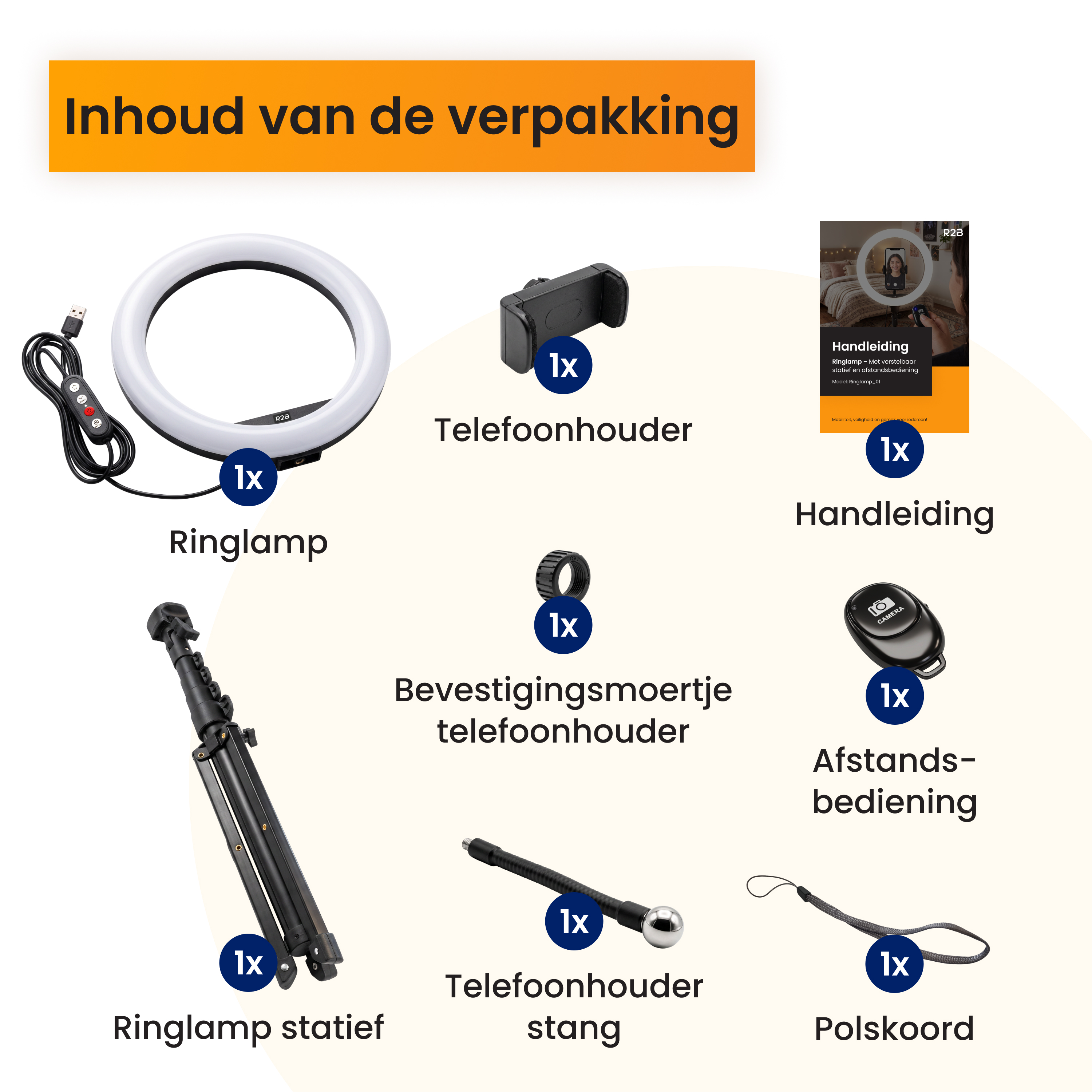 Packungsinhalt mit Ringlicht, Stativ, Telefonhalter, Anleitung, Fernbedienung und Handschlaufe mit Mengenangaben.