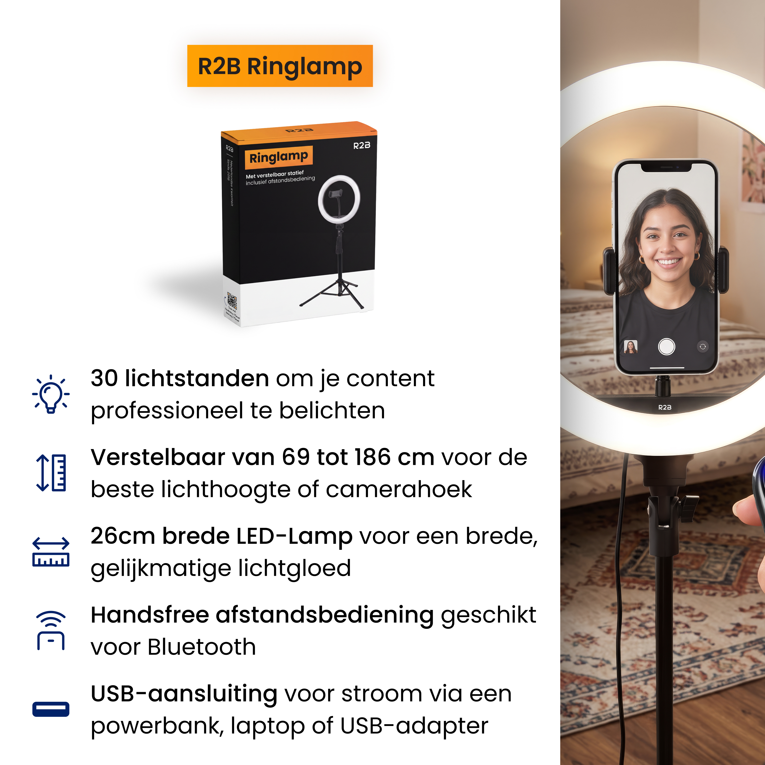 R2B Ringleuchte mit Ständer, Handyhalterung und Produktmerkmalen neben der Verpackung.