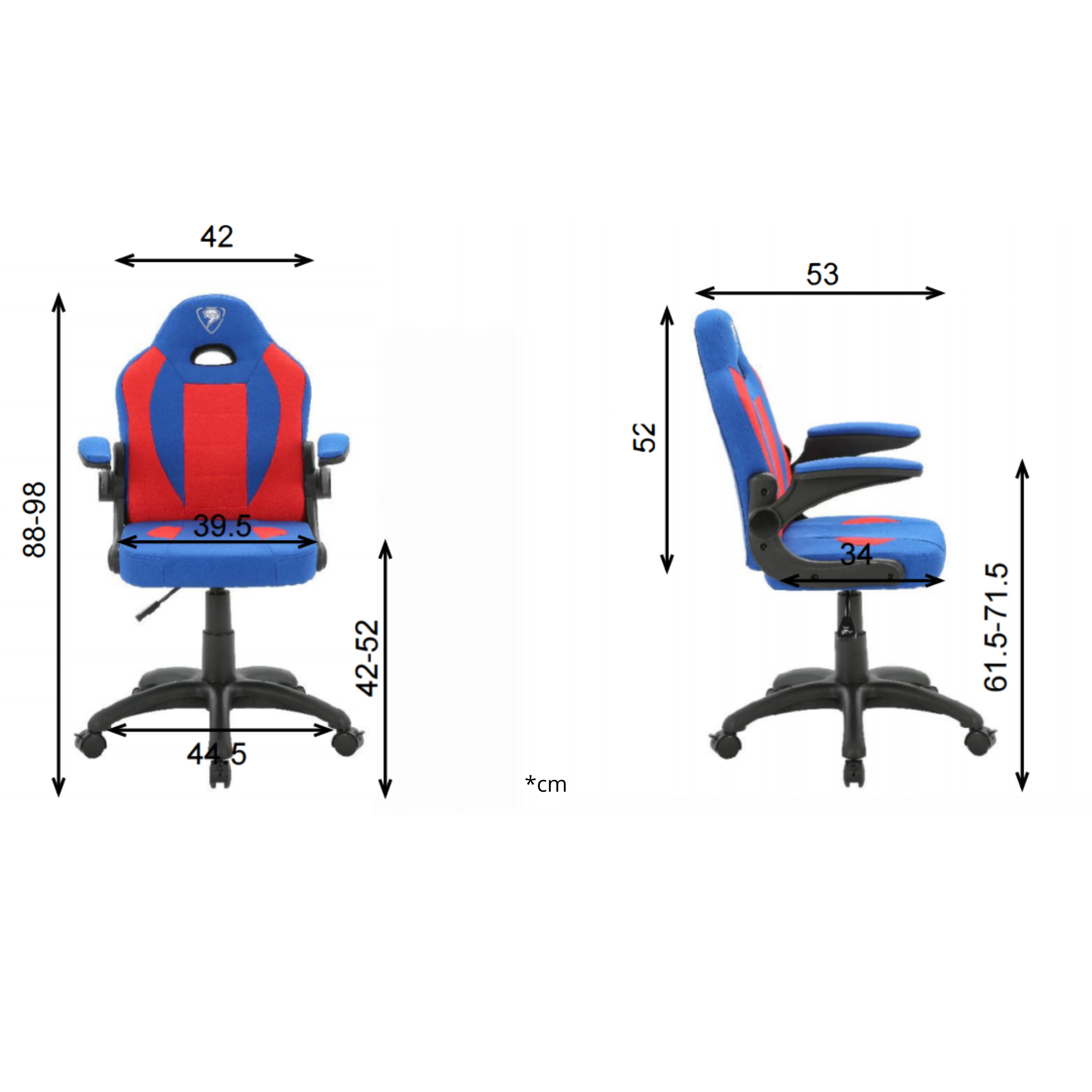 Diagram niebiesko-czerwonego krzesła biurowego z wymiarami w cm.
