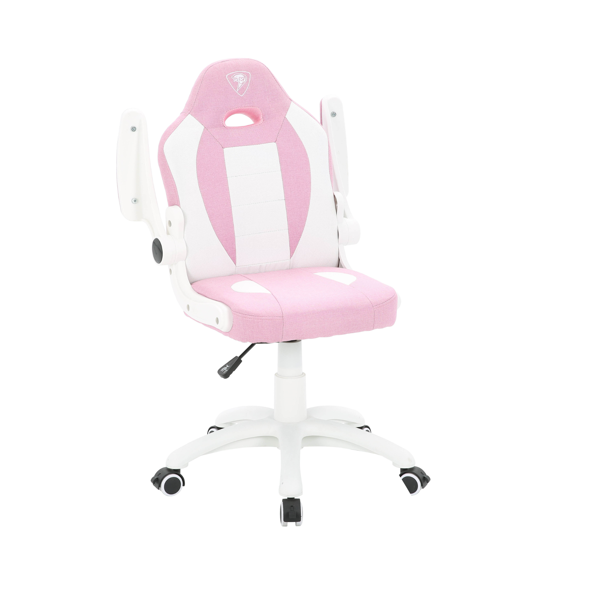 Ergonomiczne krzesło biurkowe dla dzieci w kolorze różowym i białym z podłokietnikami i kółkami.