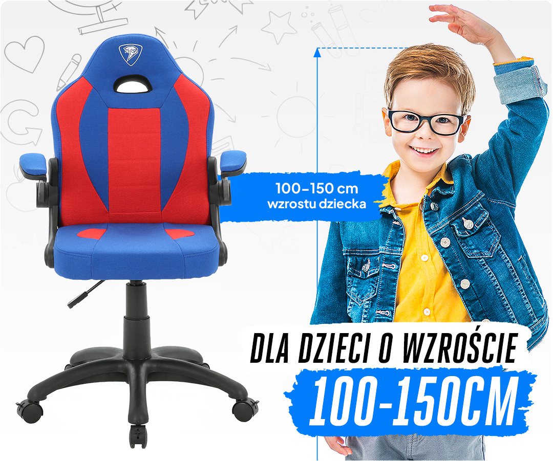 Uśmiechnięty chłopiec w okularach obok niebiesko-czerwonego krzesła obrotowego dla dzieci o wzroście 100-150 cm.