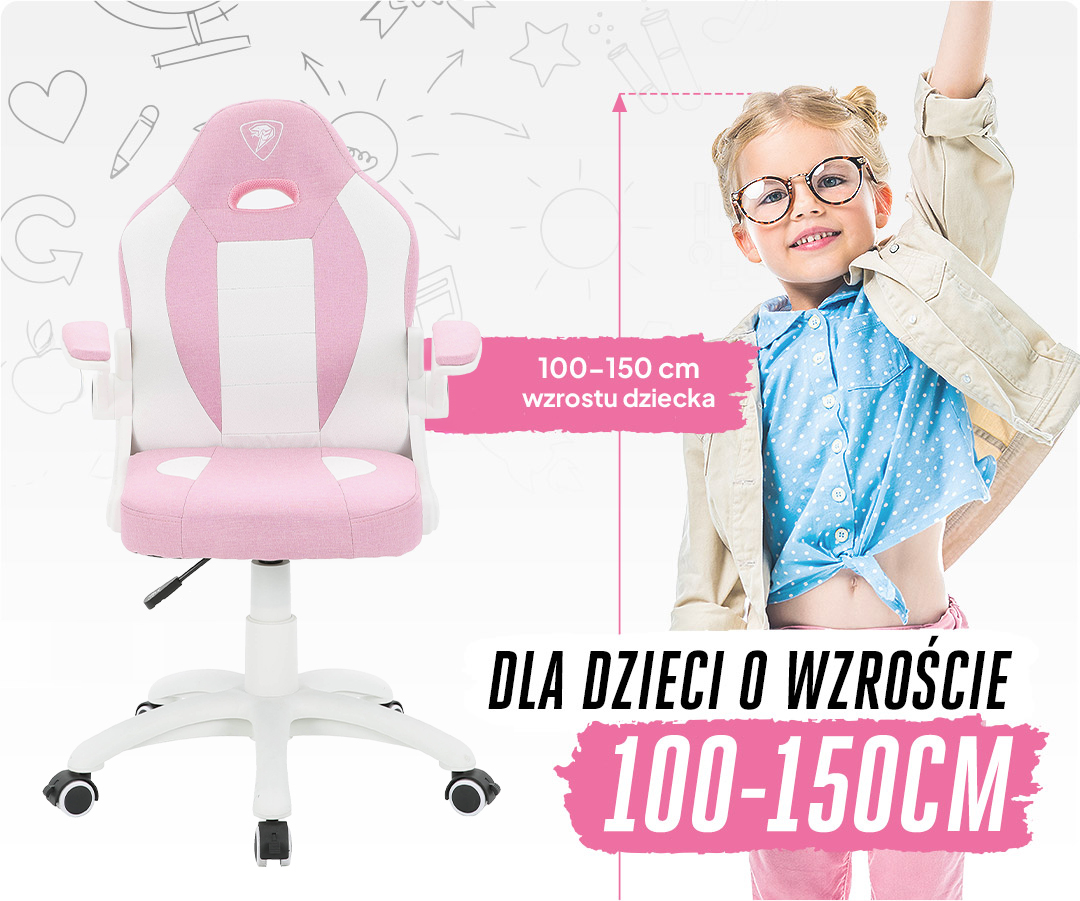 Różowo-biały fotel obrotowy dla dzieci obok dziewczynki w okularach na szarym tle z ikonami.