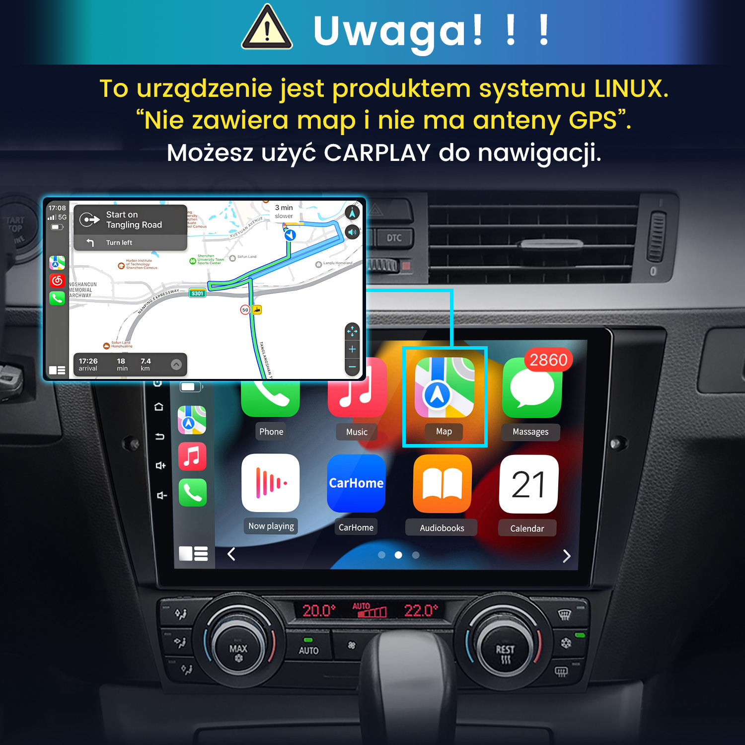 Radio samochodowe z systemem Linux, nawigacją CarPlay i ikonami aplikacji.