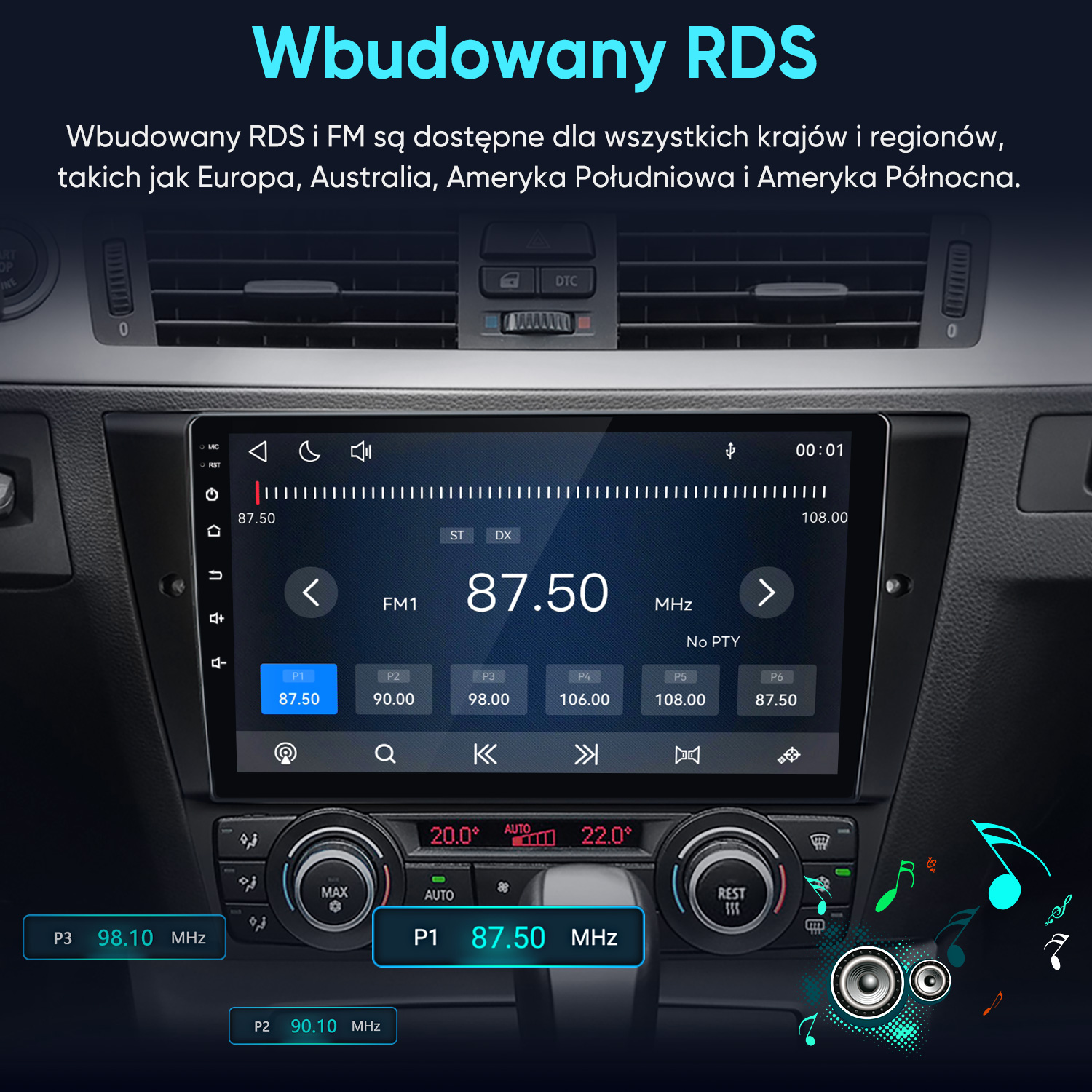 Radio samochodowe z ekranem RDS i tunerem FM na desce rozdzielczej.