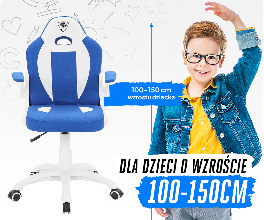 Niebiesko-biały fotel gamingowy obok uśmiechniętego dziecka, dla dzieci o wzroście 100-150 cm.