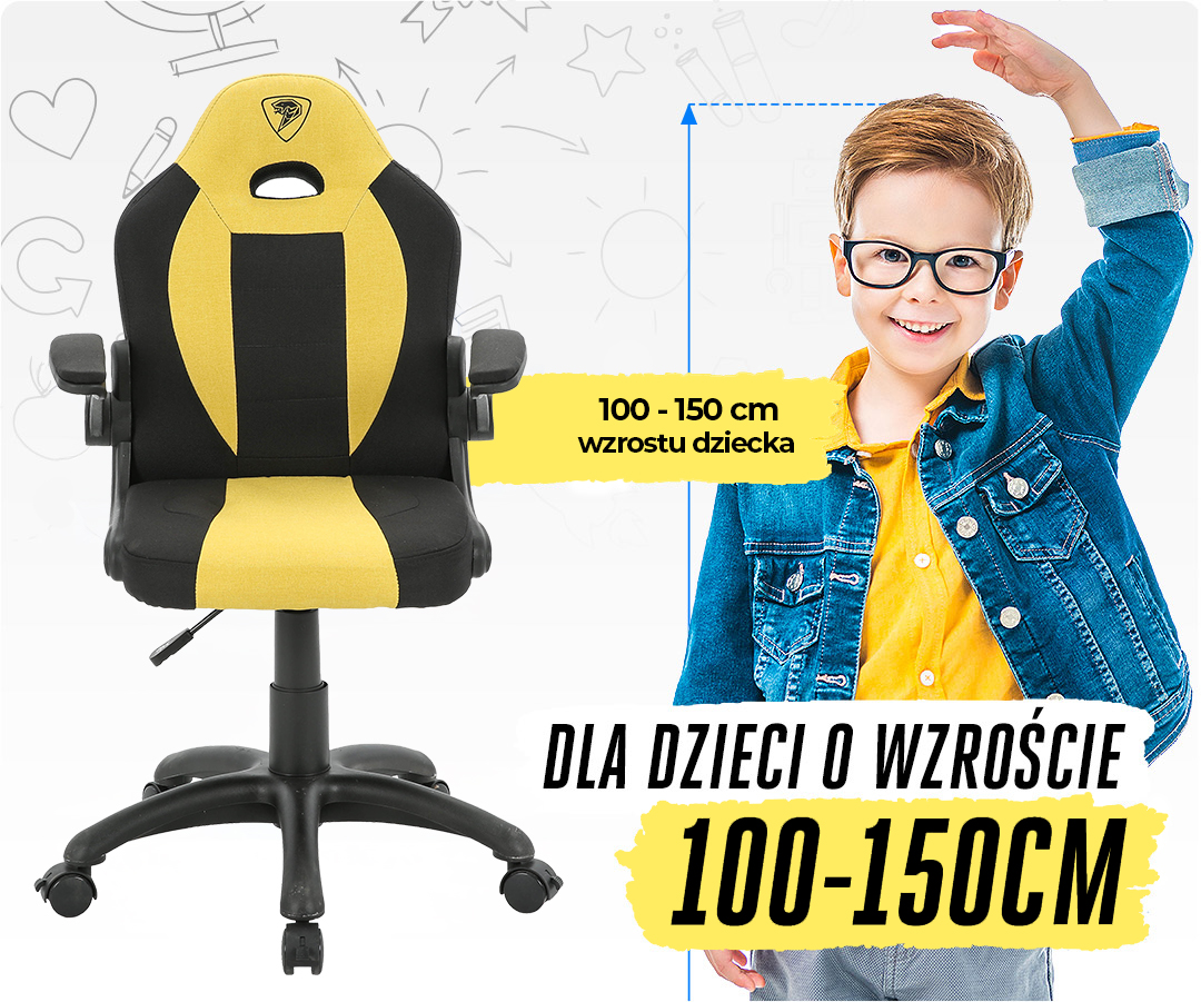 Żółto-czarny fotel obrotowy dla dzieci oraz uśmiechnięty chłopiec w okularach, wskazujący wzrost 100-150 cm.