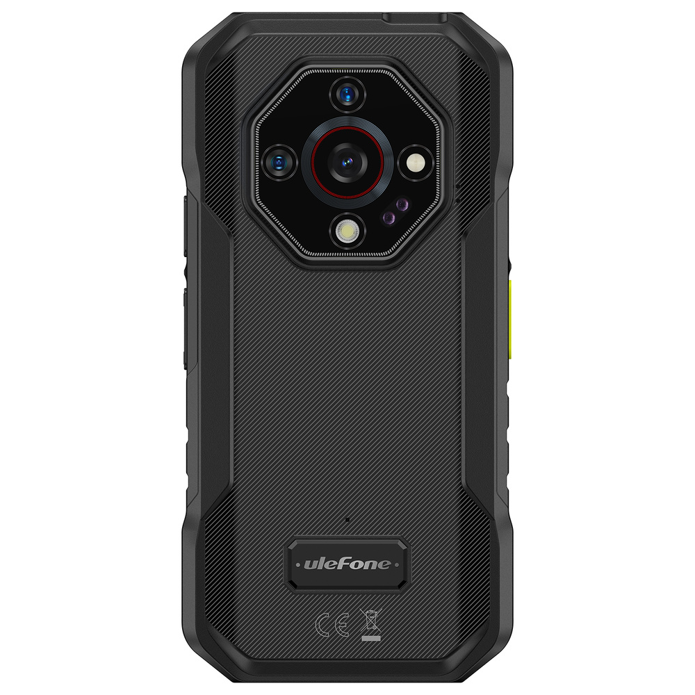 Tył wytrzymałego, czarnego smartfona Ulefone z ośmiokątnym modułem aparatu.