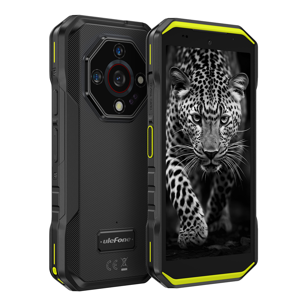 Wytrzymały czarny smartfon z żółtymi akcentami i tapetą z lampartem.