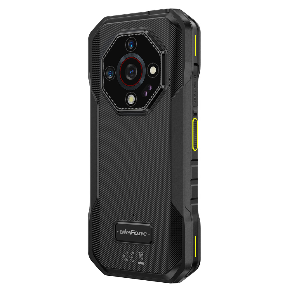 Tył czarnego, wzmocnionego smartfona Ulefone z wieloma aparatami w ośmiokącie i żółtymi akcentami.