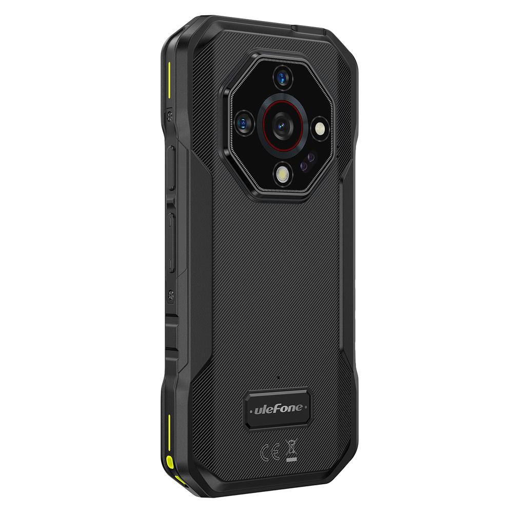 Tył wytrzymałego czarnego smartfona Ulefone z wieloma aparatami w ośmiokątnym module i logo marki.