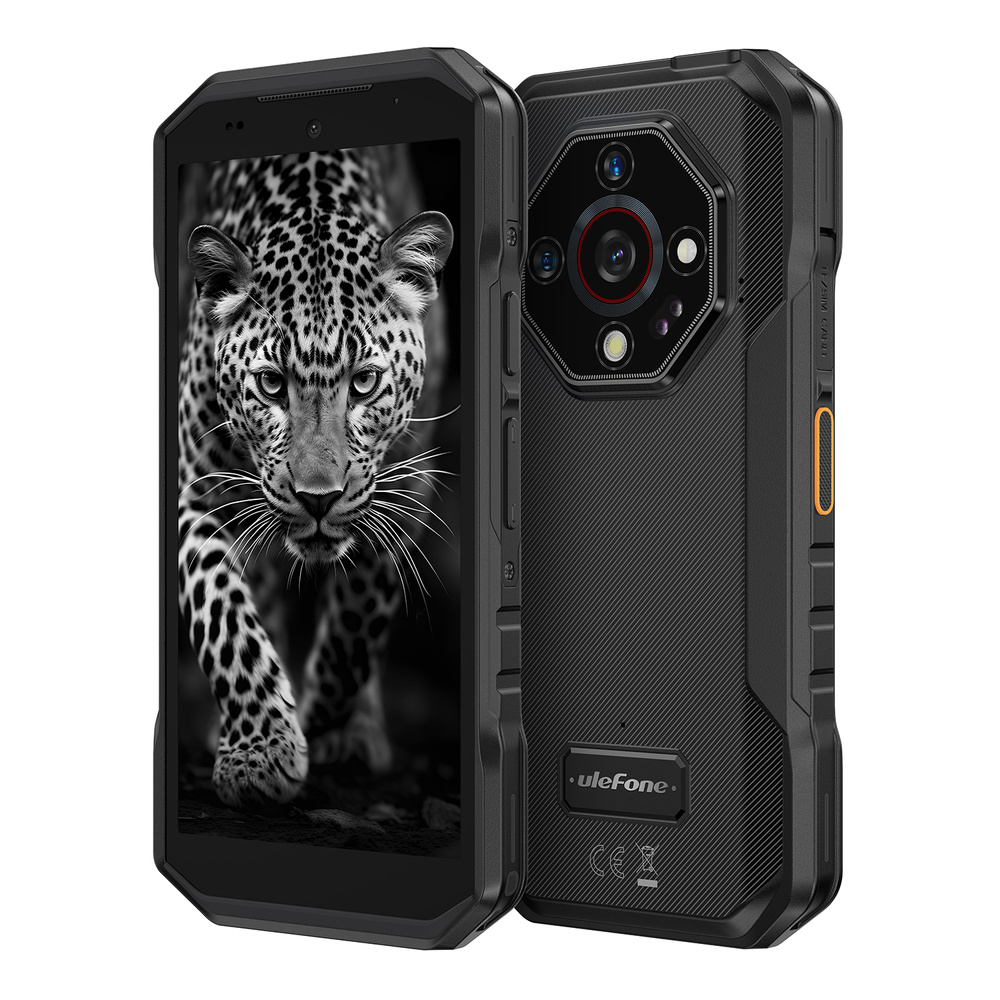 Czarny wytrzymały smartfon Ulefone z lampartem na ekranie i teksturowanymi pleckami.