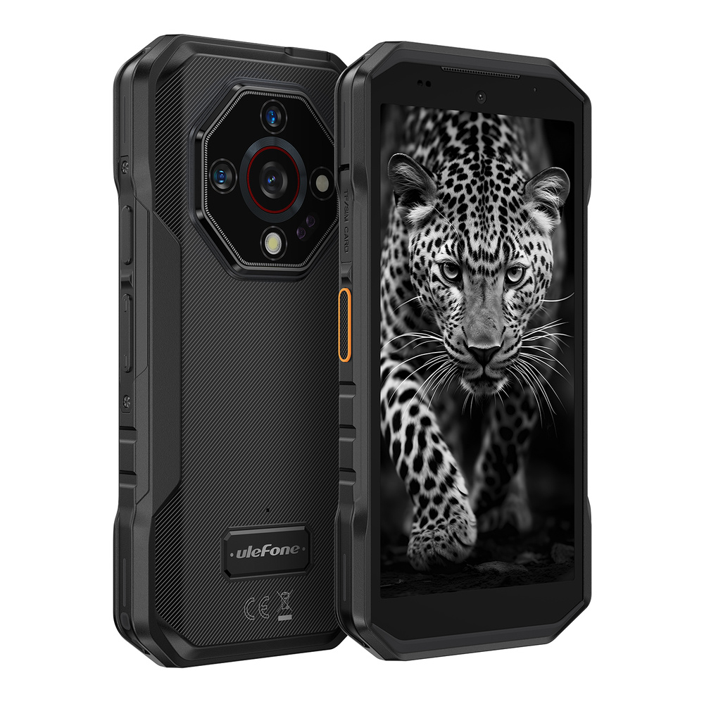 Przedni i tylny widok wytrzymałego czarnego smartfona Ulefone z lampartem na ekranie.