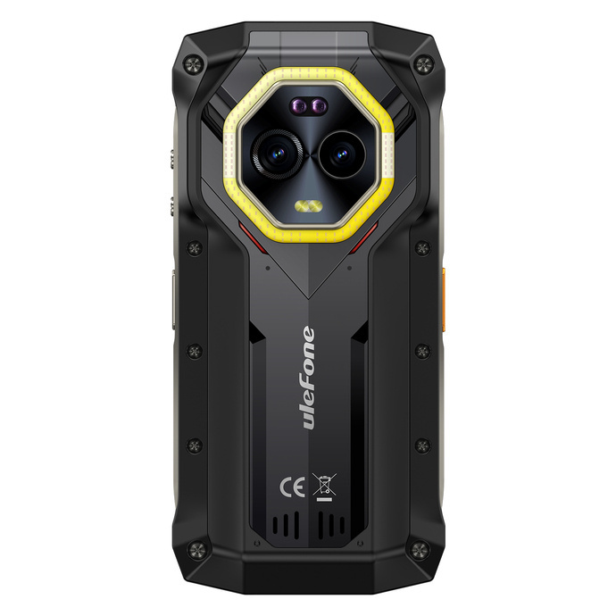 Tył wytrzymałego czarnego smartfona Ulefone z podwójnym aparatem w żółtym pierścieniu.