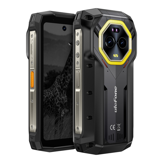 Wytrzymały czarny smartfon Ulefone z obramowaniem ochronnym i potrójnym aparatem.