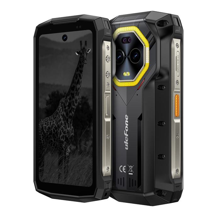 Wytrzymały czarny smartfon Ulefone ze srebrną ramką i tapetą z żyrafą.