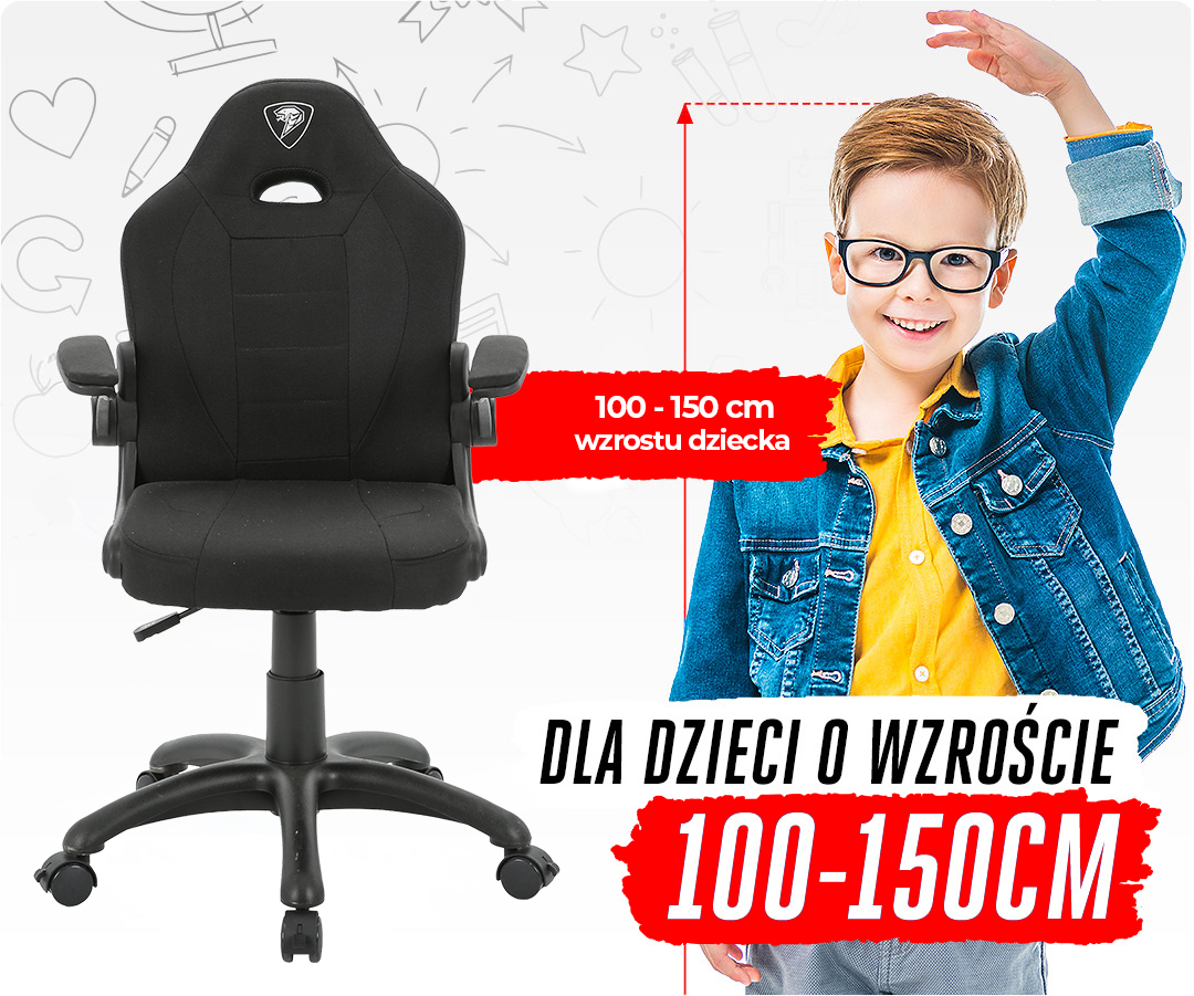 Czarny fotel obrotowy dla dzieci oraz uśmiechnięty chłopiec w okularach i jeansowej kurtce.