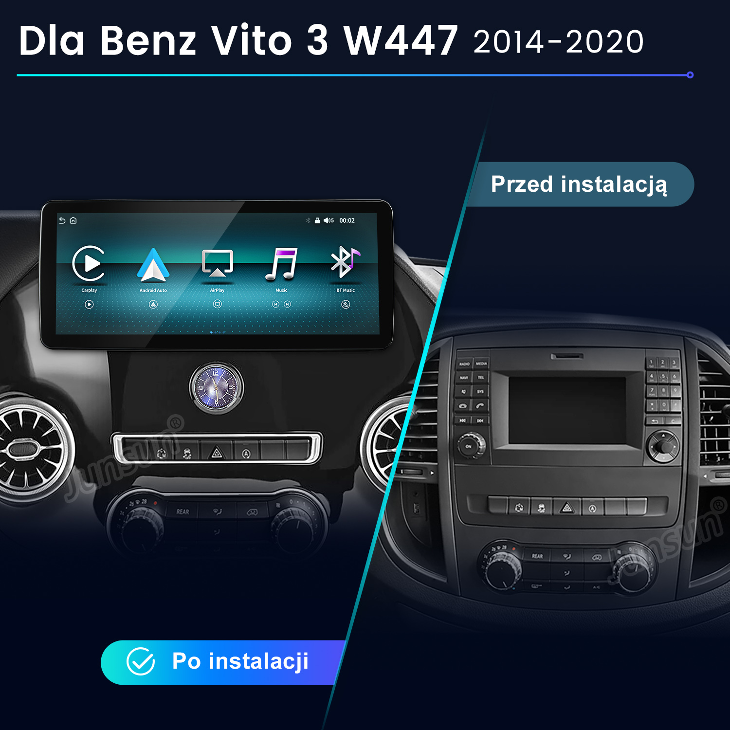 Porównanie konsoli środkowej Mercedesa Vito W447 przed i po instalacji nowego systemu multimedialnego.